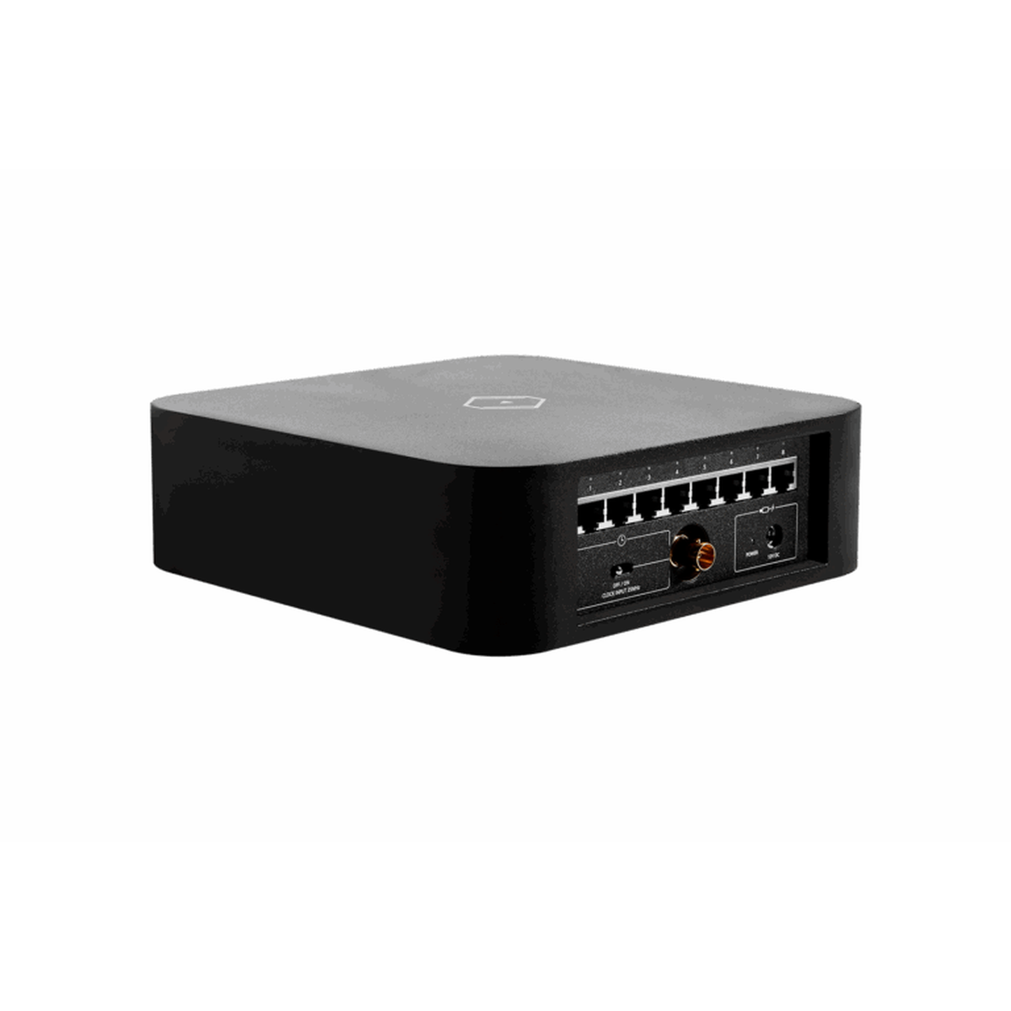 Silent Angel Bonn N8C Netzwerk-Switch Schrägansicht von hinten mit Anschlussfeld