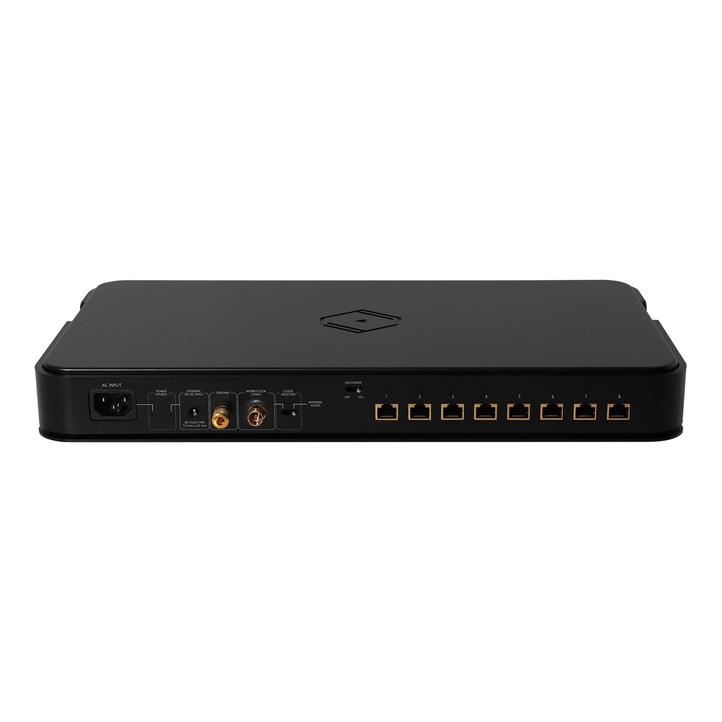 Silent Angel Bonn NX Referenz-Netzwerk-Switch Rückansicht mit acht RJ45-Ports, Word-Clock-Eingang und Netzanschluss