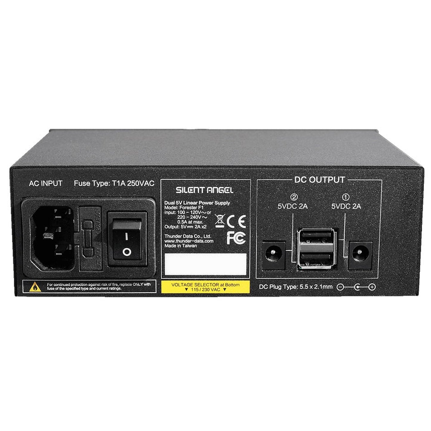 Silent Angel Forester F1 Lineares Netzteil Rückansicht mit AC-Eingang, Netzschalter und zwei 5-V-DC-Ausgängen