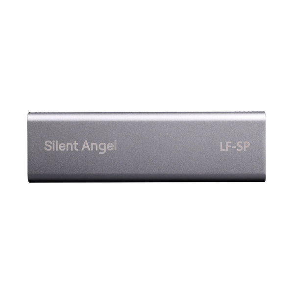 Silent Angel LF-SP Netzwerkfilter Frontansicht des Aluminiumgehäuses mit Markenaufdruck