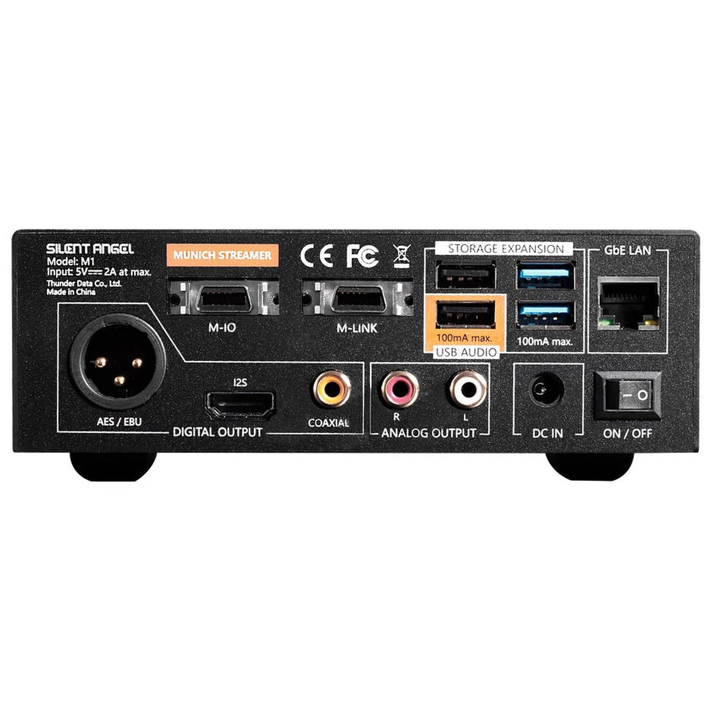 Silent Angel Munich M1 Netzwerk-Streamer & DAC Rückansicht mit AES/EBU, I2S, Koaxial, Cinch und LAN