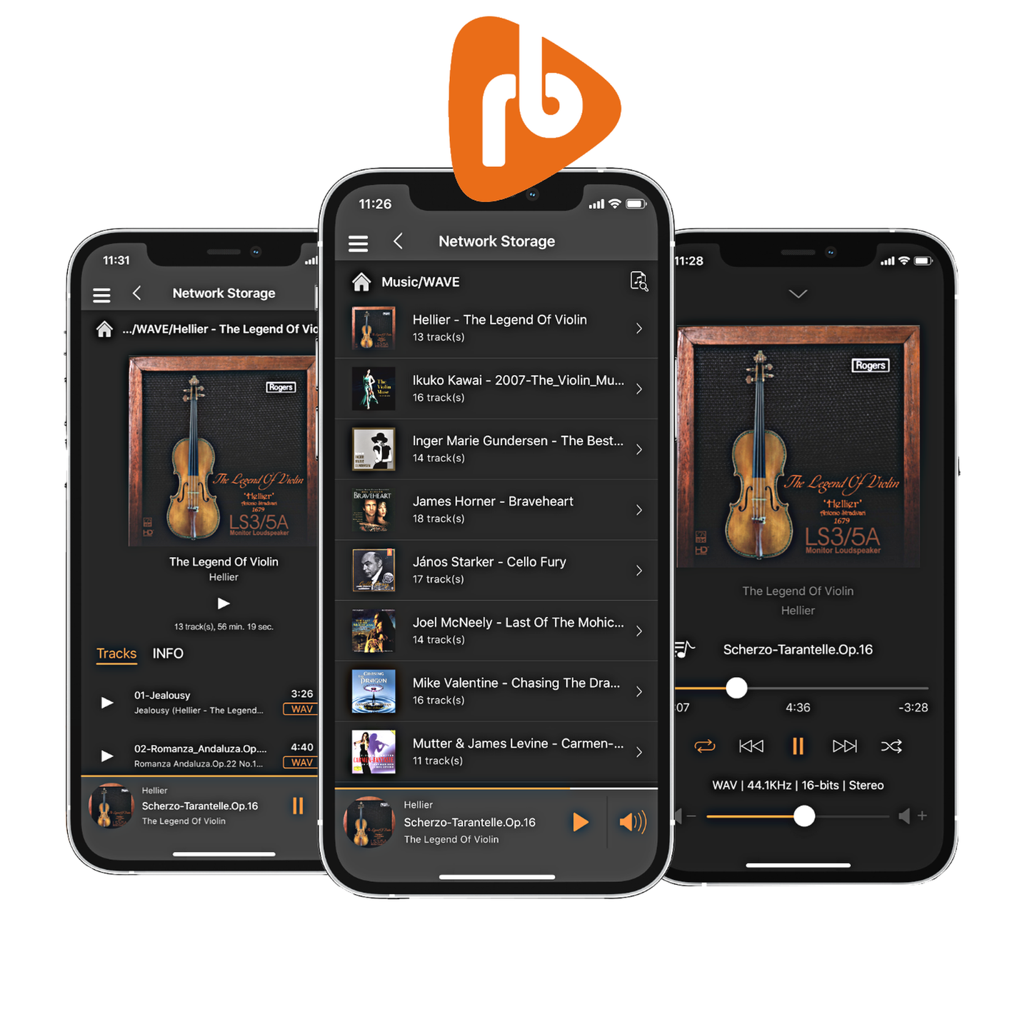 Silent Angel Munich MU High-End-Streamer & DAC Displayansicht der Steuer-App auf drei Smartphones
