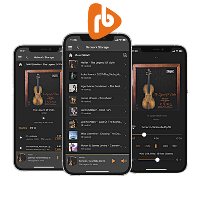 Silent Angel Munich MU High-End-Streamer & DAC Displayansicht der Steuer-App auf drei Smartphones