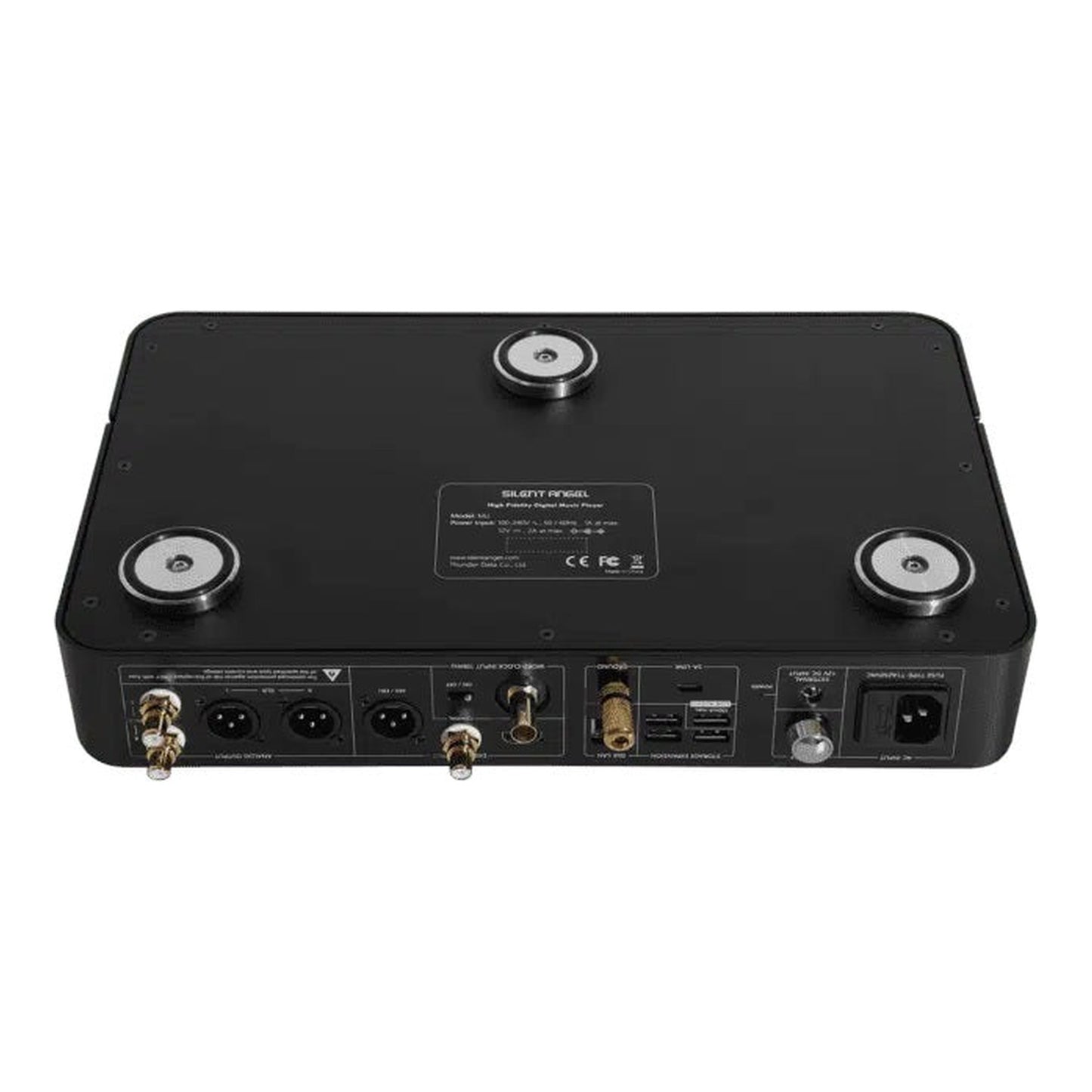 Silent Angel Munich MU High-End-Streamer & DAC Detailansicht der Unterseite mit Gerätefüssen und Anschlussfeld