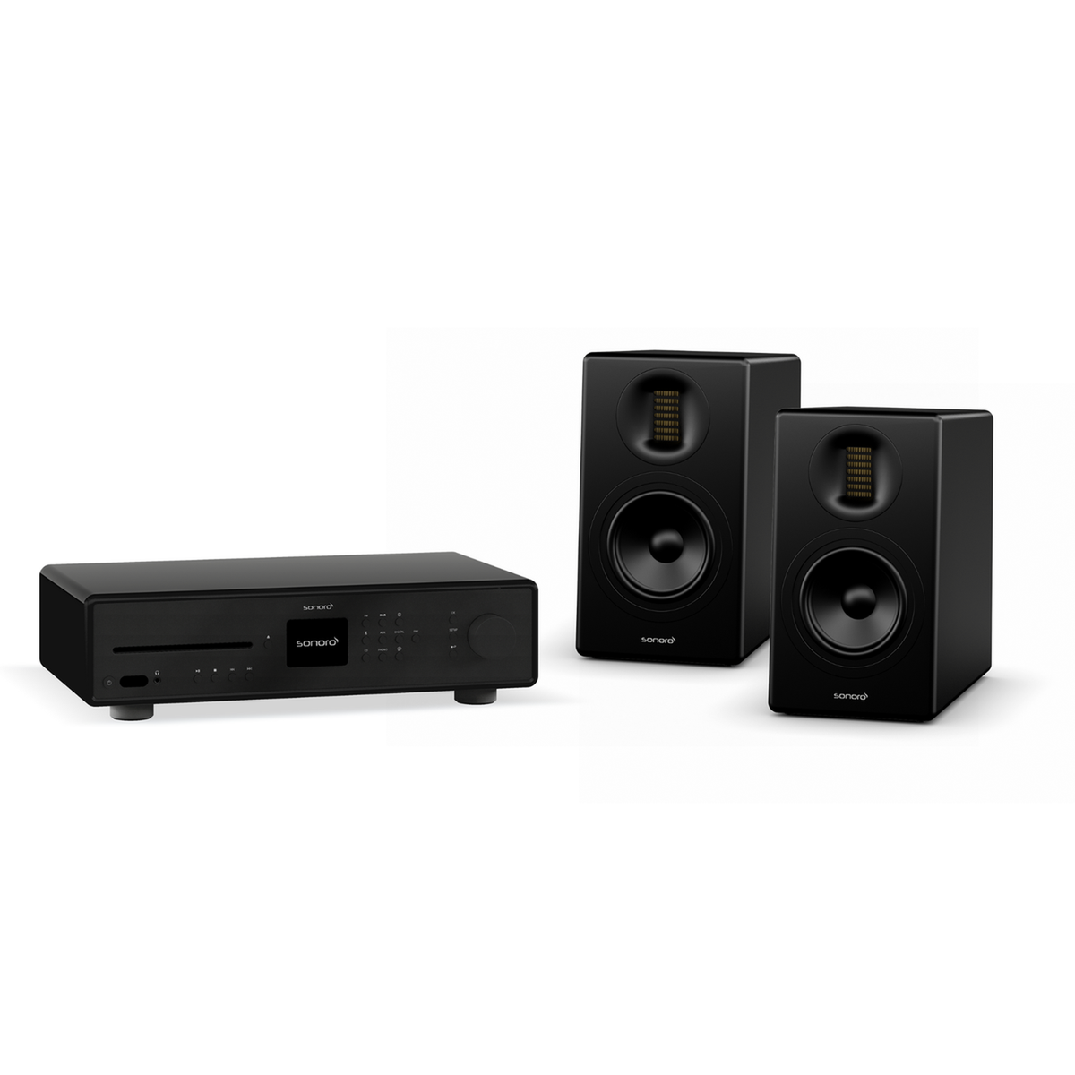 Sonoro Maestro + Orchestra Gen.2 HiFi-Set in Schwarz matt, Kombinationsansicht von Receiver und Regallautsprechern