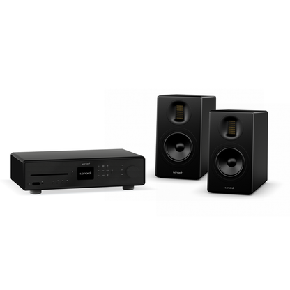 Sonoro Maestro + Orchestra Gen.2 HiFi-Set in Schwarz matt, Kombinationsansicht von Receiver und Regallautsprechern