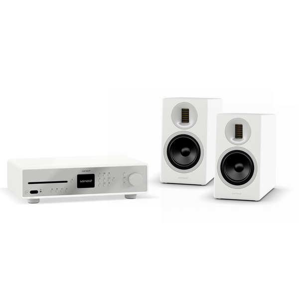 Sonoro Maestro + Orchestra Gen.2 HiFi-Set in Weiss matt, Kombinationsansicht von Receiver und Regallautsprechern