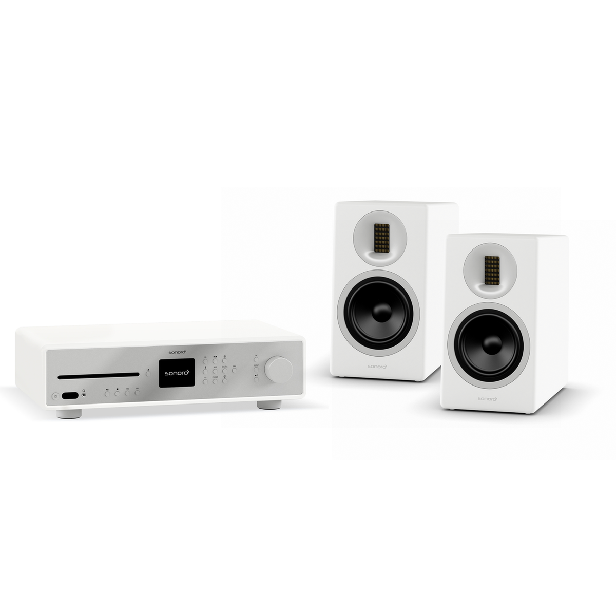 Sonoro Maestro + Orchestra Gen.2 HiFi-Set in Weiss matt, Kombinationsansicht von Receiver und Regallautsprechern