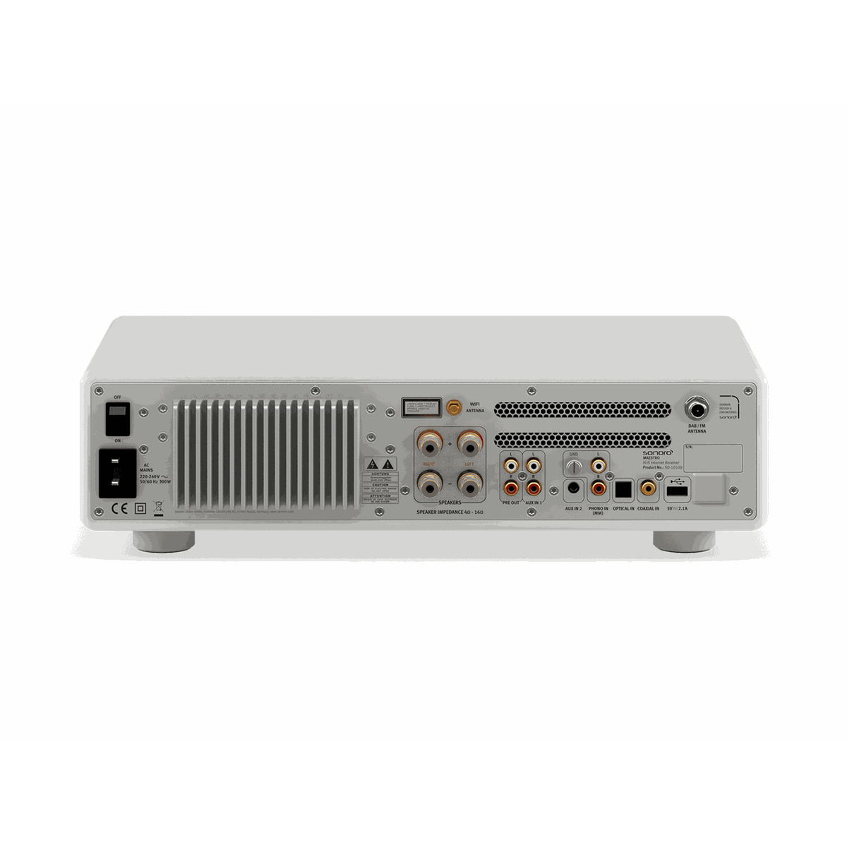 Sonoro Maestro Hi-Fi-Receiver des HiFi-Sets Maestro + Orchestra Gen.2 in Weiss matt, Rückansicht mit Anschlüssen