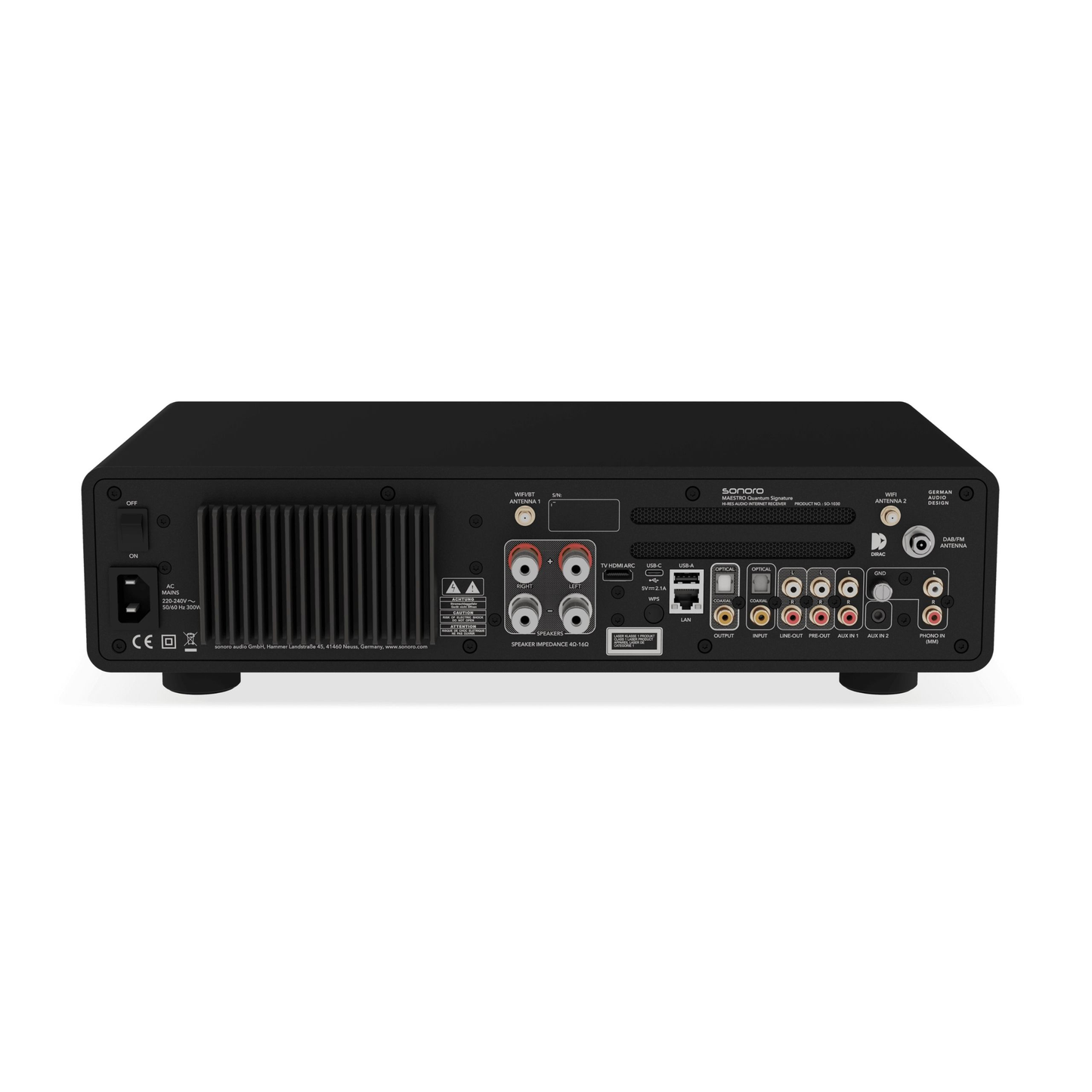 Sonoro Maestro Quantum Signature Stereo-Receiver Rückansicht mit Anschlüssen, Schwarz matt