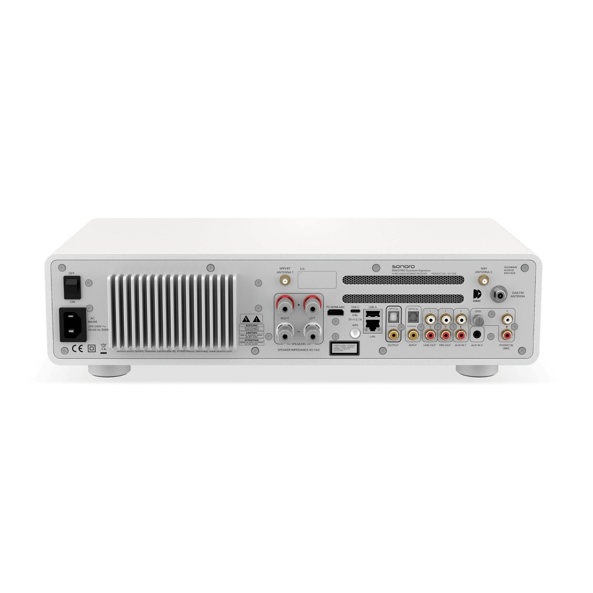Sonoro Maestro Quantum Signature Stereo-Receiver Rückansicht mit Anschlüssen, Weiss matt