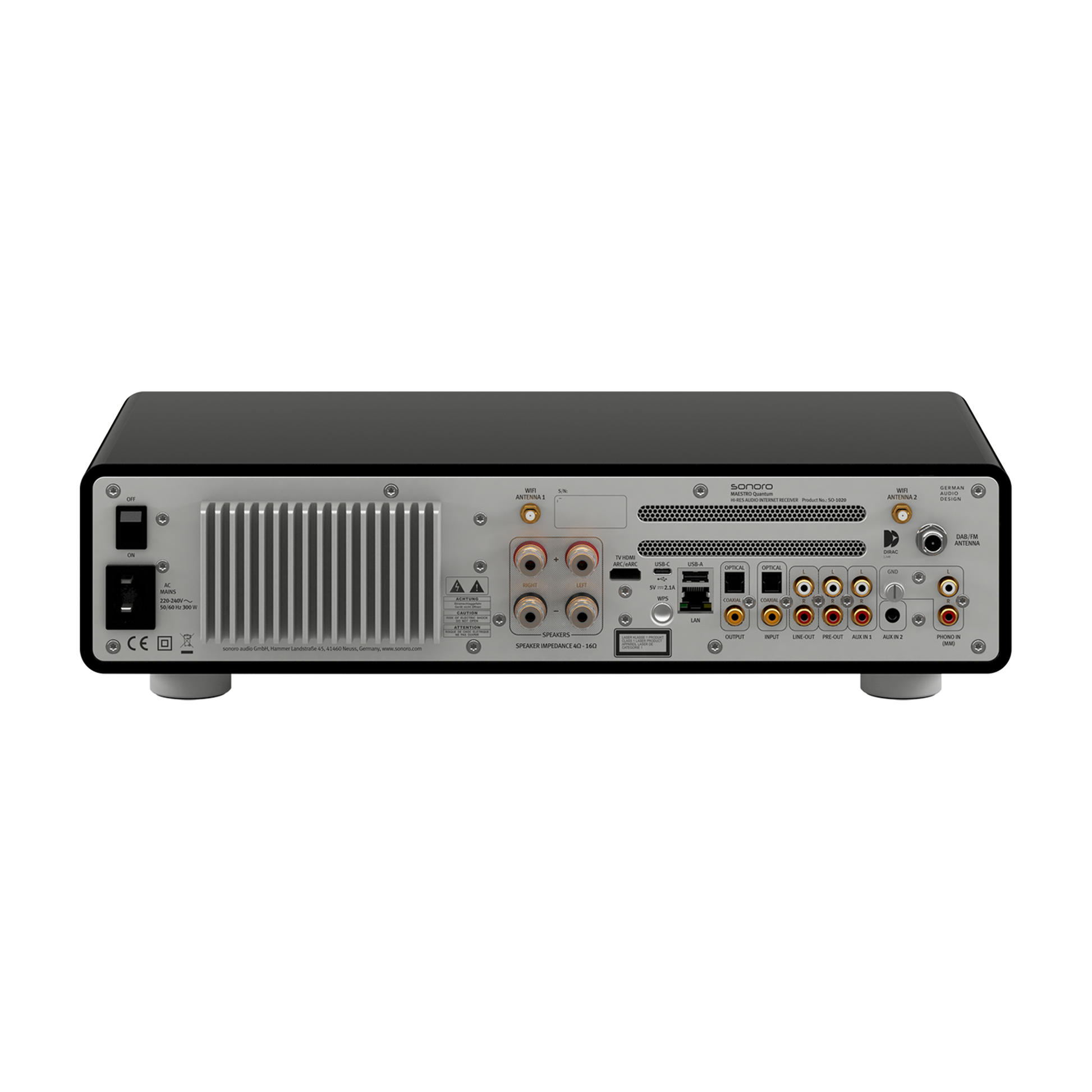 Sonoro Maestro Quantum Stereo-Receiver Rückansicht mit Anschlüssen, Schwarz hochglänzend