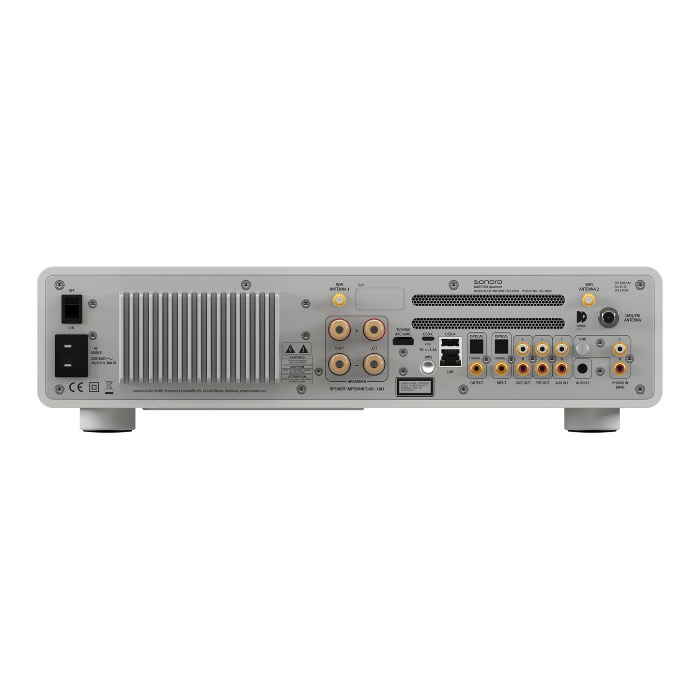 Sonoro Maestro Quantum Stereo-Receiver Rückansicht mit Anschlüssen, Weiss matt