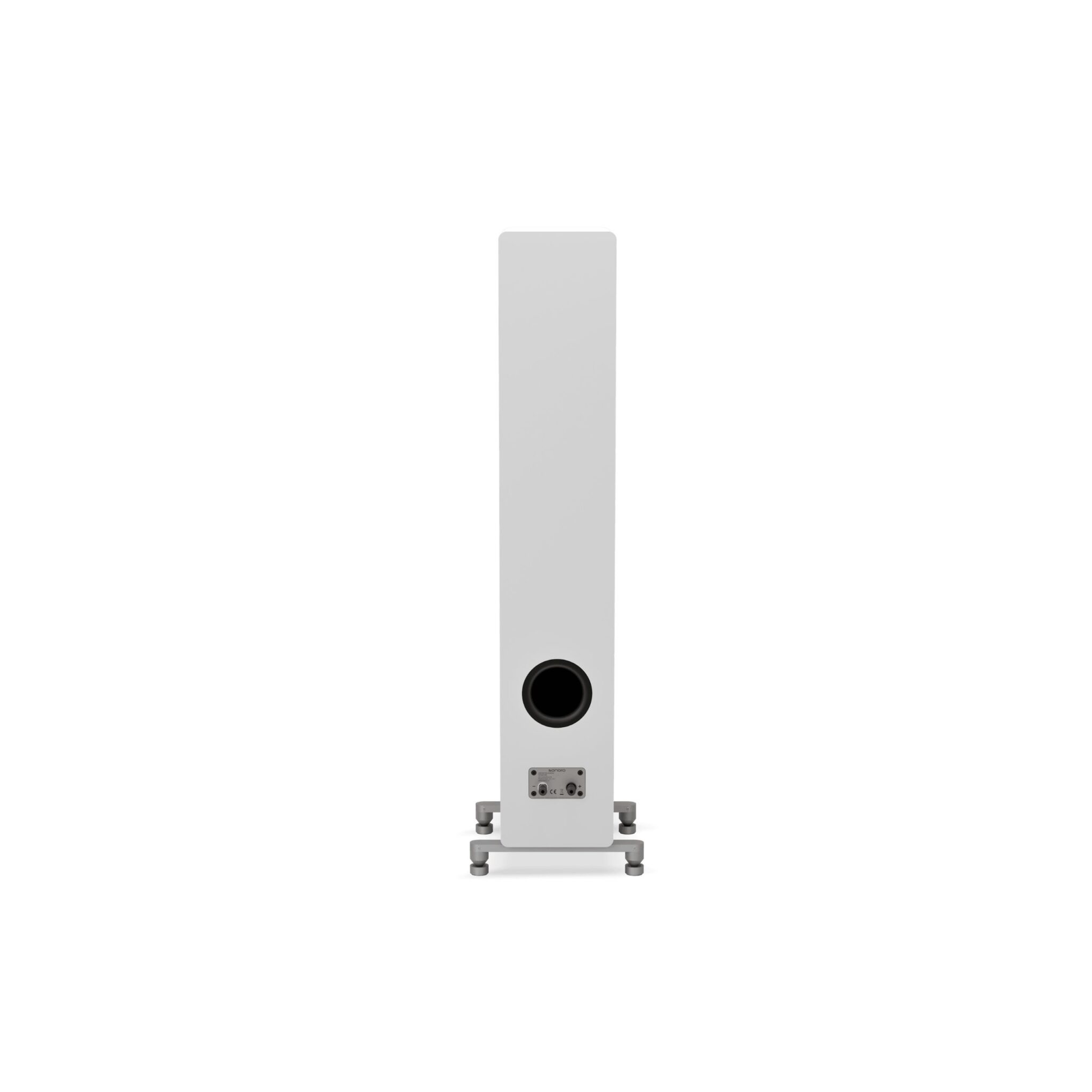 Sonoro Orchestra Shaped Signature Standlautsprecher Rückansicht mit Bassreflexöffnung und Anschlussfeld, Weiss matt