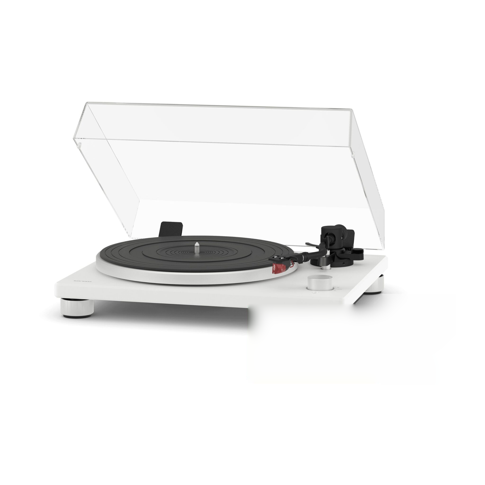 Sonoro Platinum Automatic EAS Plattenspieler Schrägansicht mit geöffneter Staubschutzhaube, Weiss matt