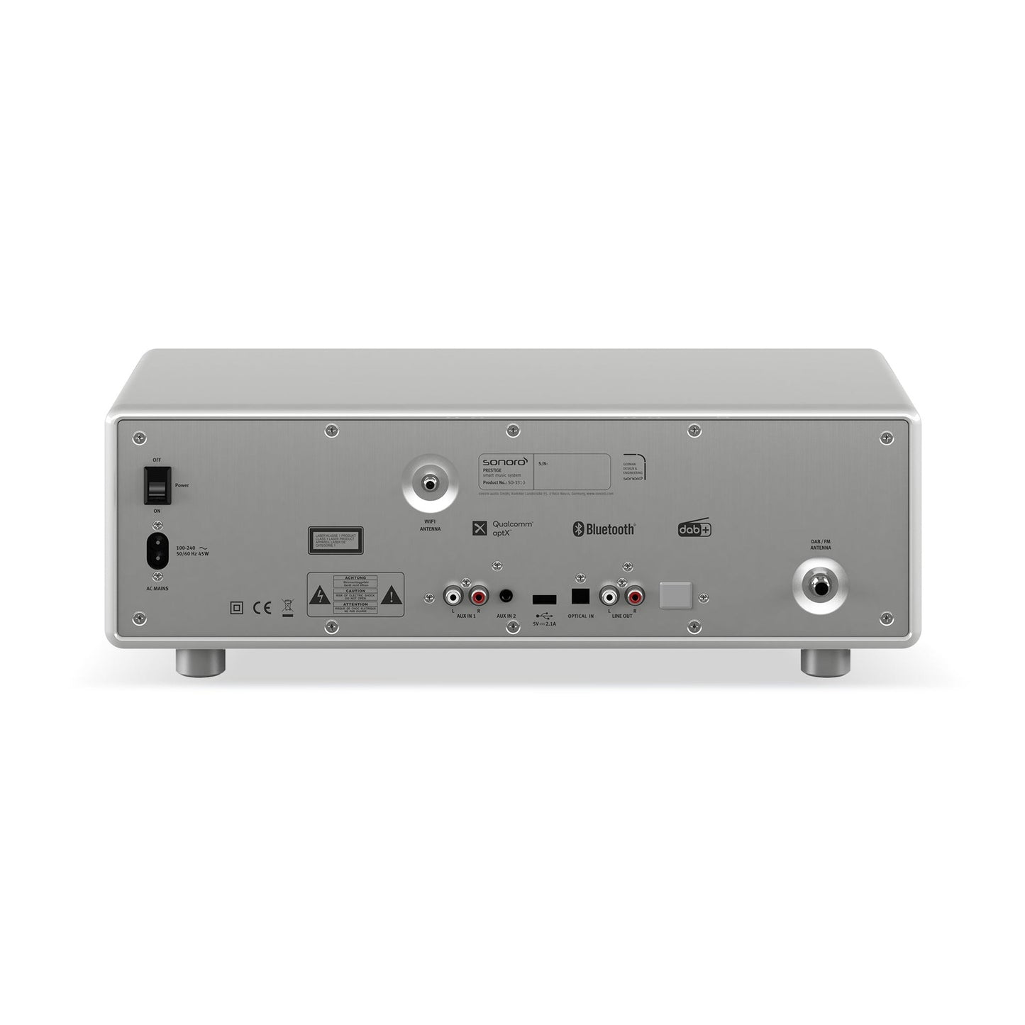 Sonoro Prestige All-in-One Rückansicht mit Anschlussfeld, Silber hochglänzend