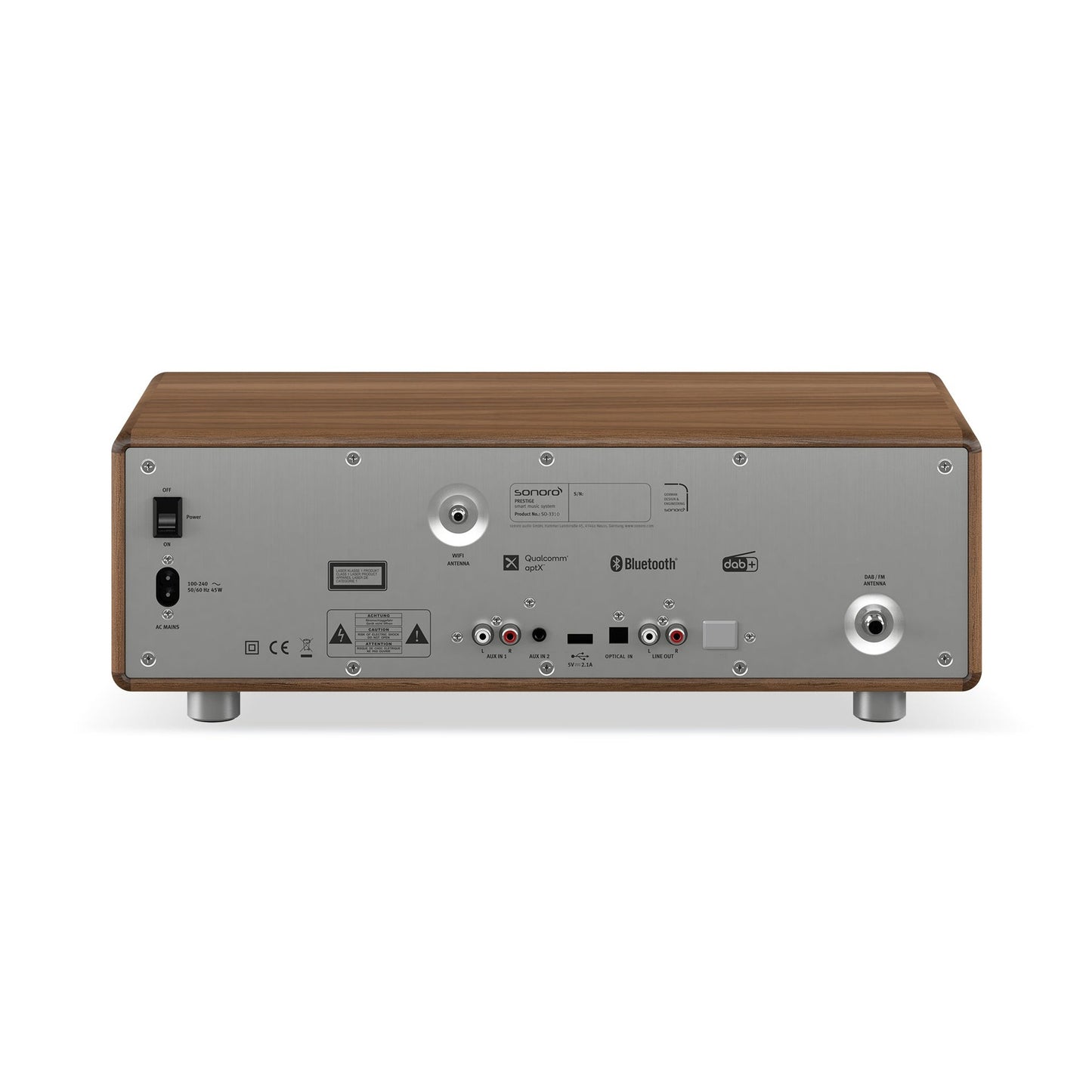 Sonoro Prestige All-in-One Rückansicht mit Anschlussfeld, Walnuss