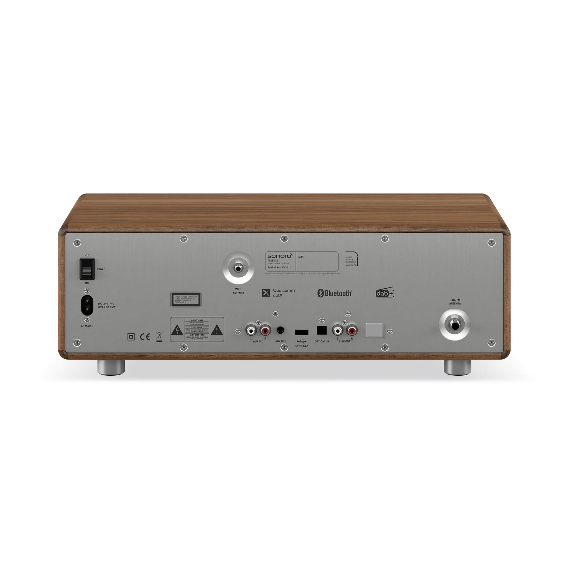Sonoro Prestige All-in-One Rückansicht mit Anschlussfeld, Walnuss