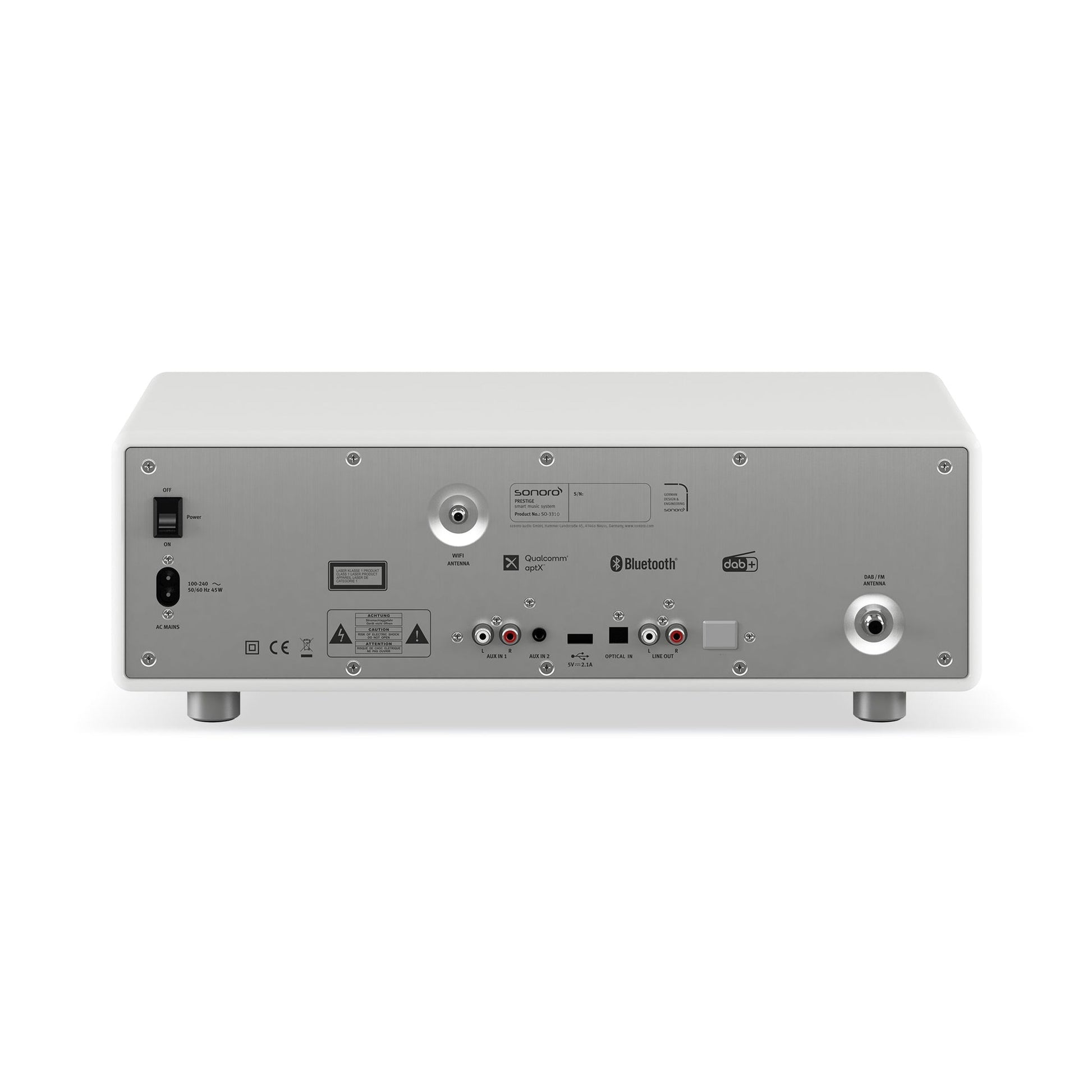 Sonoro Prestige All-in-One Rückansicht mit Anschlussfeld, Weiss hochglänzend