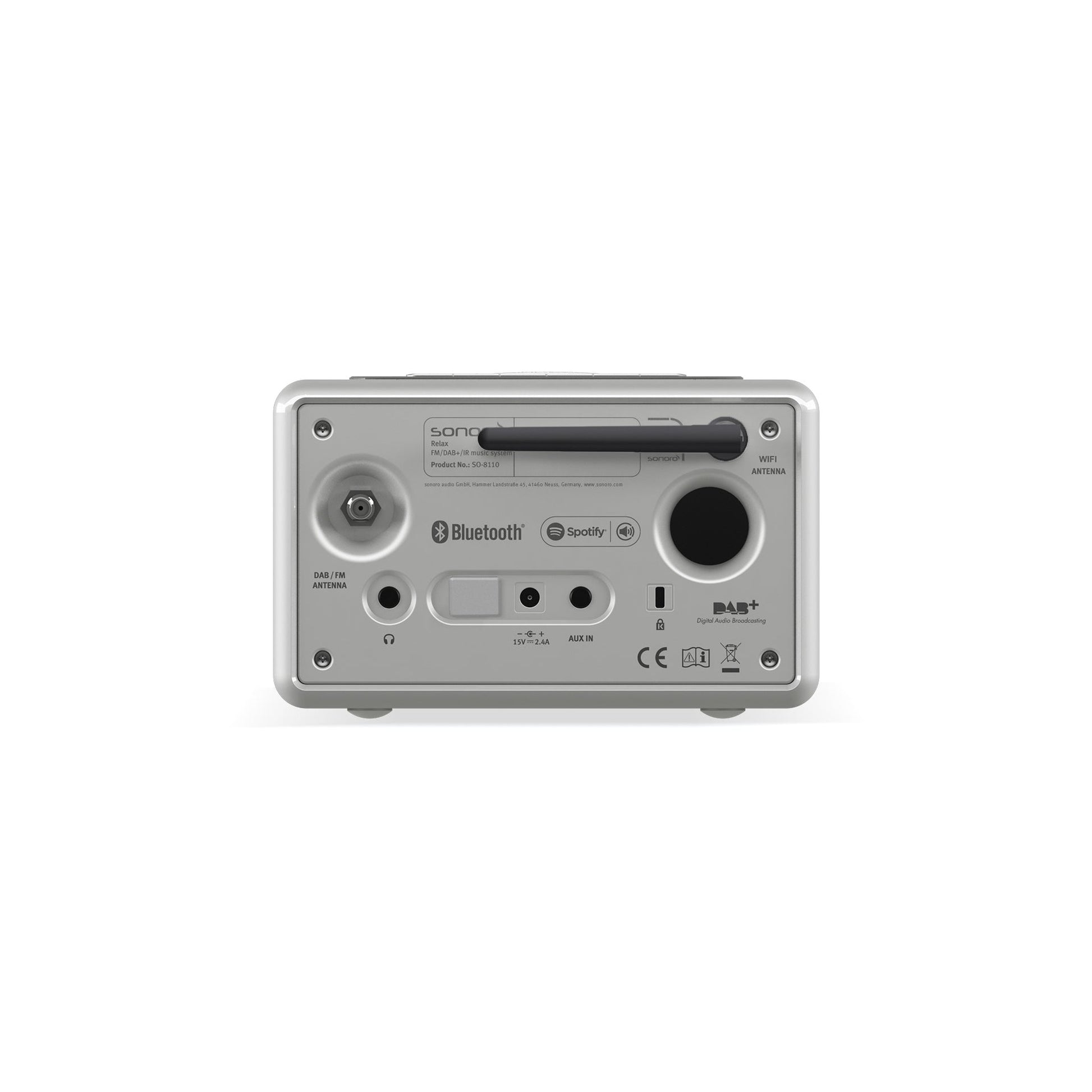 Sonoro Relax Internetradio Rückansicht mit Anschlüssen, Silber hochglänzend