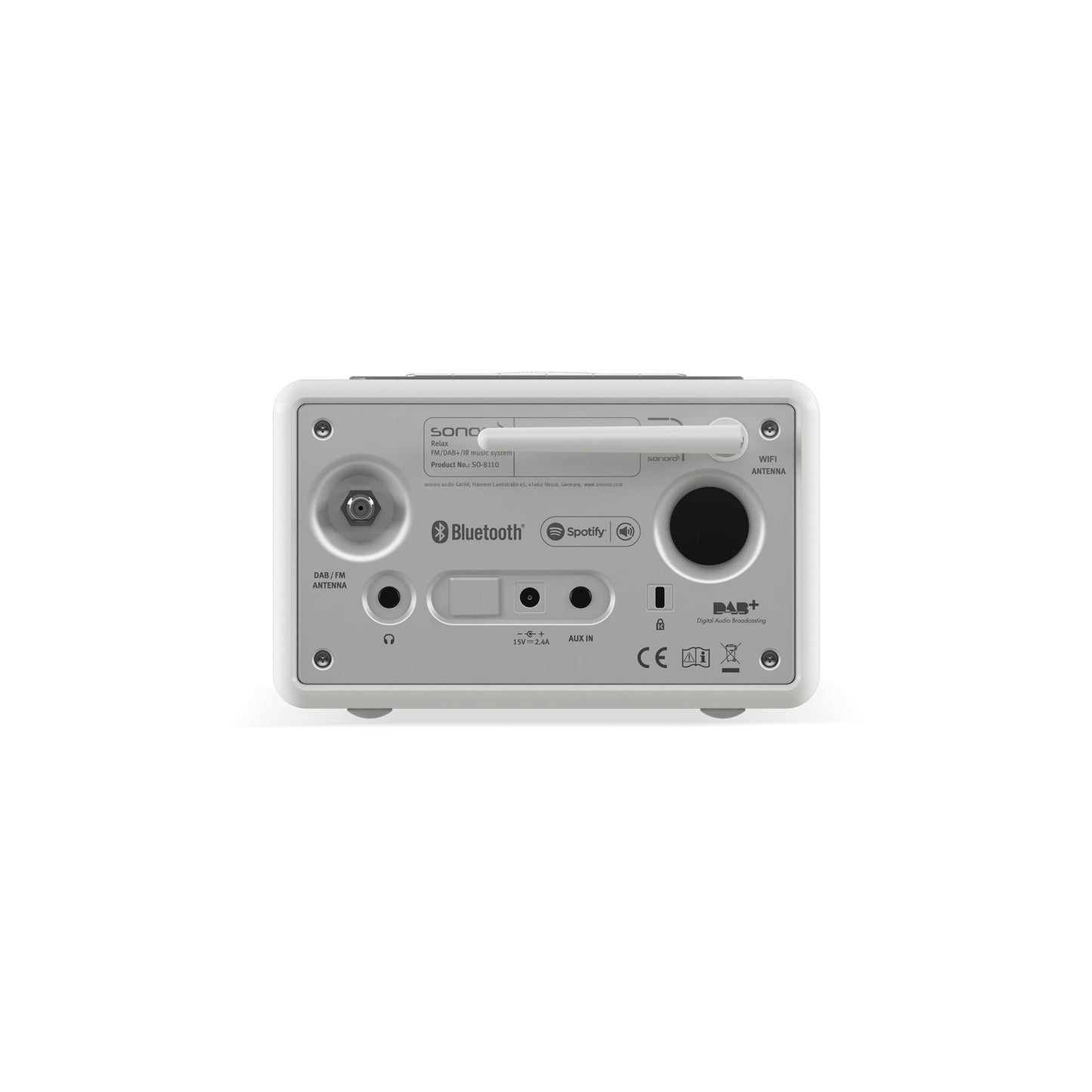Sonoro Relax Internetradio Rückansicht mit Anschlüssen, Weiss hochglänzend