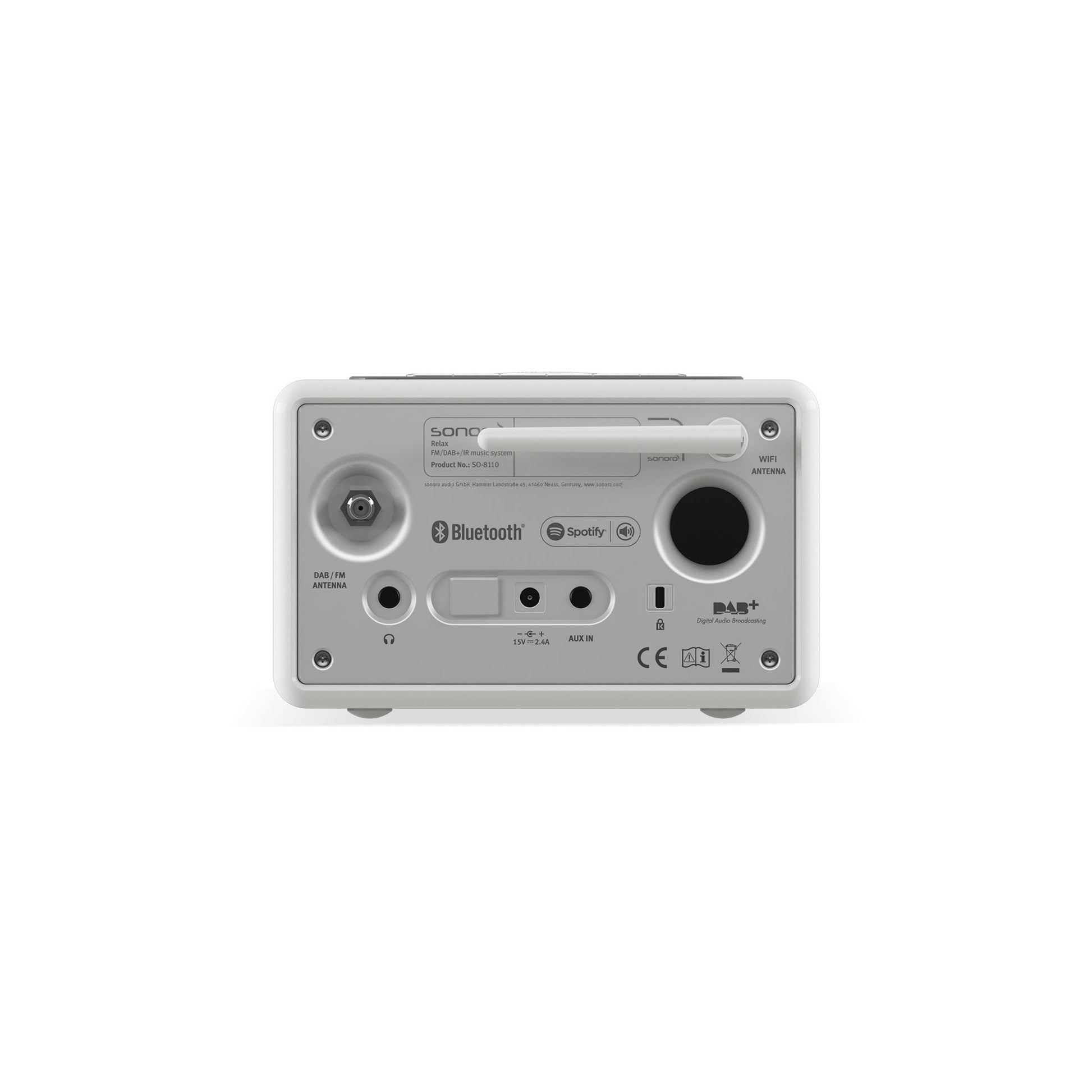 Sonoro Relax Internetradio Rückansicht mit Anschlüssen, Weiss hochglänzend
