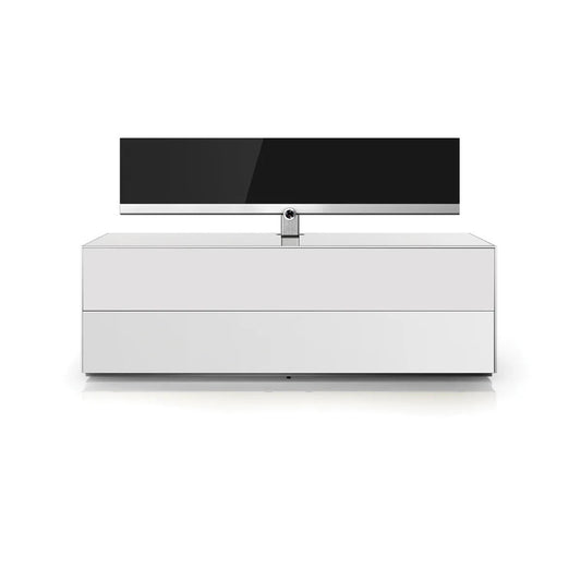 Sonorous Elements EX11-FD Lowboard Weissglas Frontansicht mit aufgestelltem Fernseher