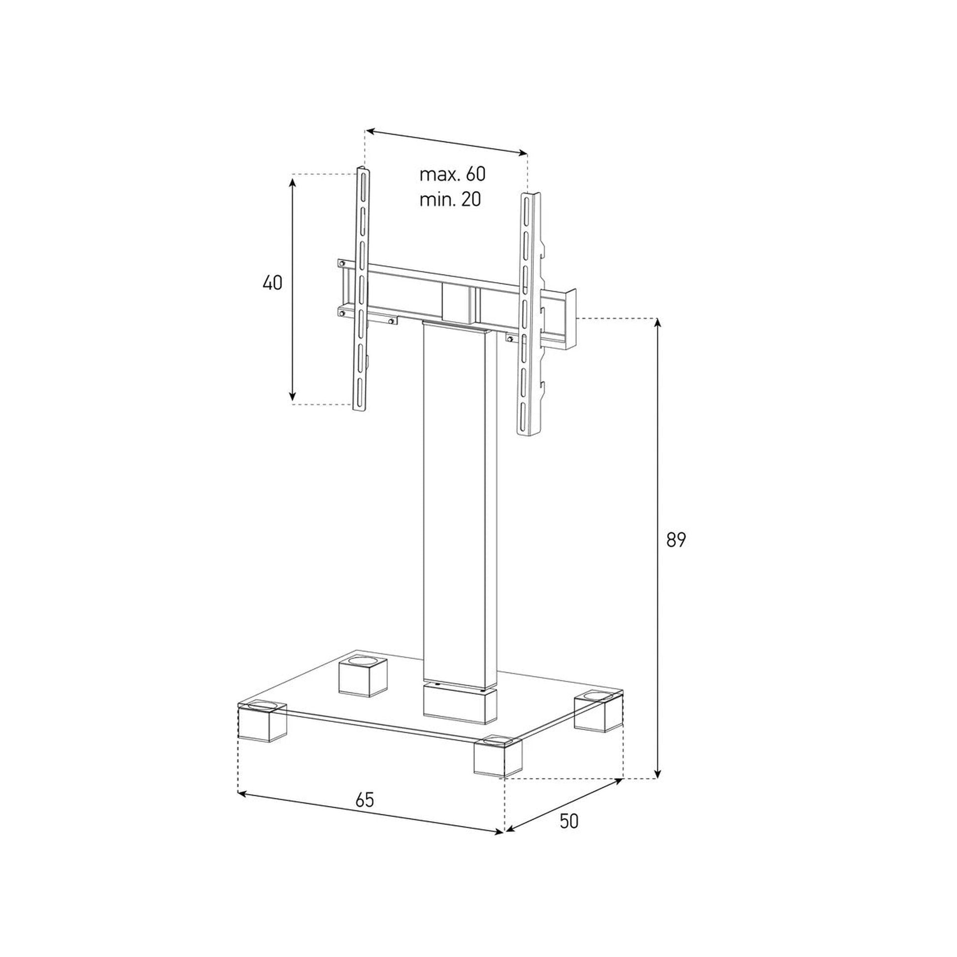 Sonorous PL2511-B-SLV TV-Standfuss Masszeichnung Schwarzglas-Alu mit Massangaben