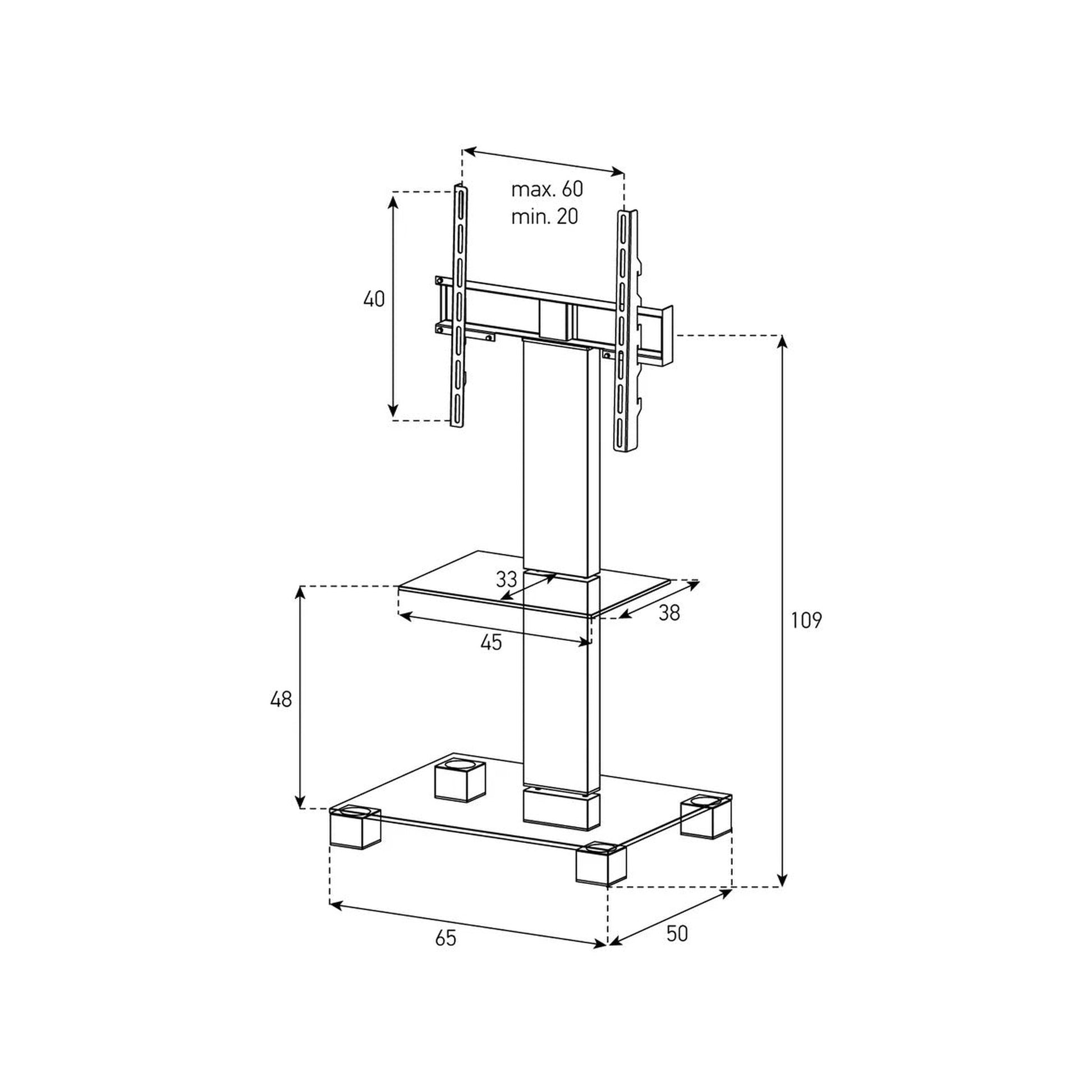 Sonorous PL2515-B-SLV TV-Standfuss Masszeichnung Schwarzglas-Alu mit Massangaben