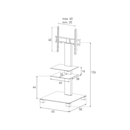 Sonorous PL2525-B-INX TV-Standfuss Masszeichnung Schwarzglas-Alu mit Massangaben