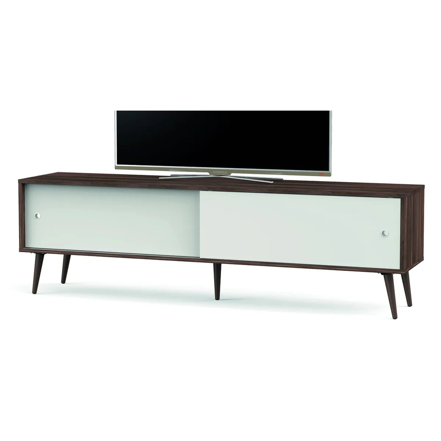 Sonorous Retro 180 Lowboard Victoria-Weissglanz Schrägansicht mit aufgestelltem Fernseher