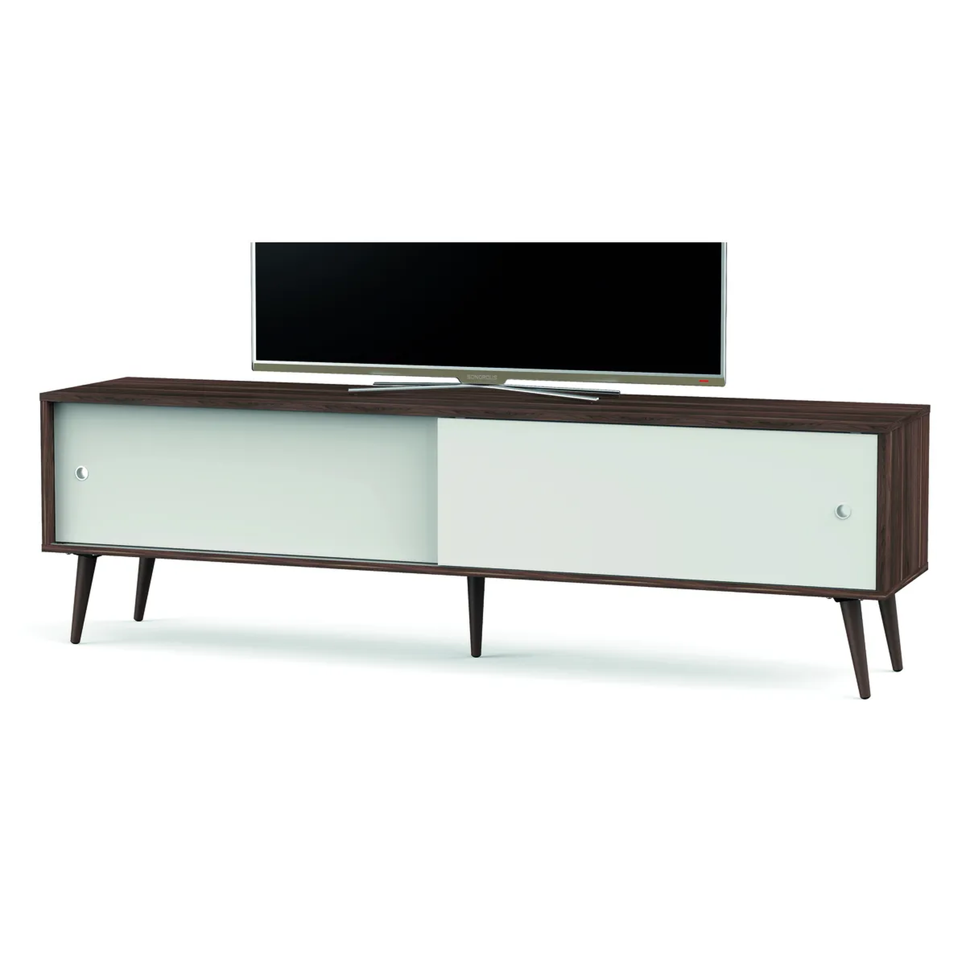 Sonorous Retro 180 Lowboard Victoria-Weissglanz Schrägansicht mit aufgestelltem Fernseher