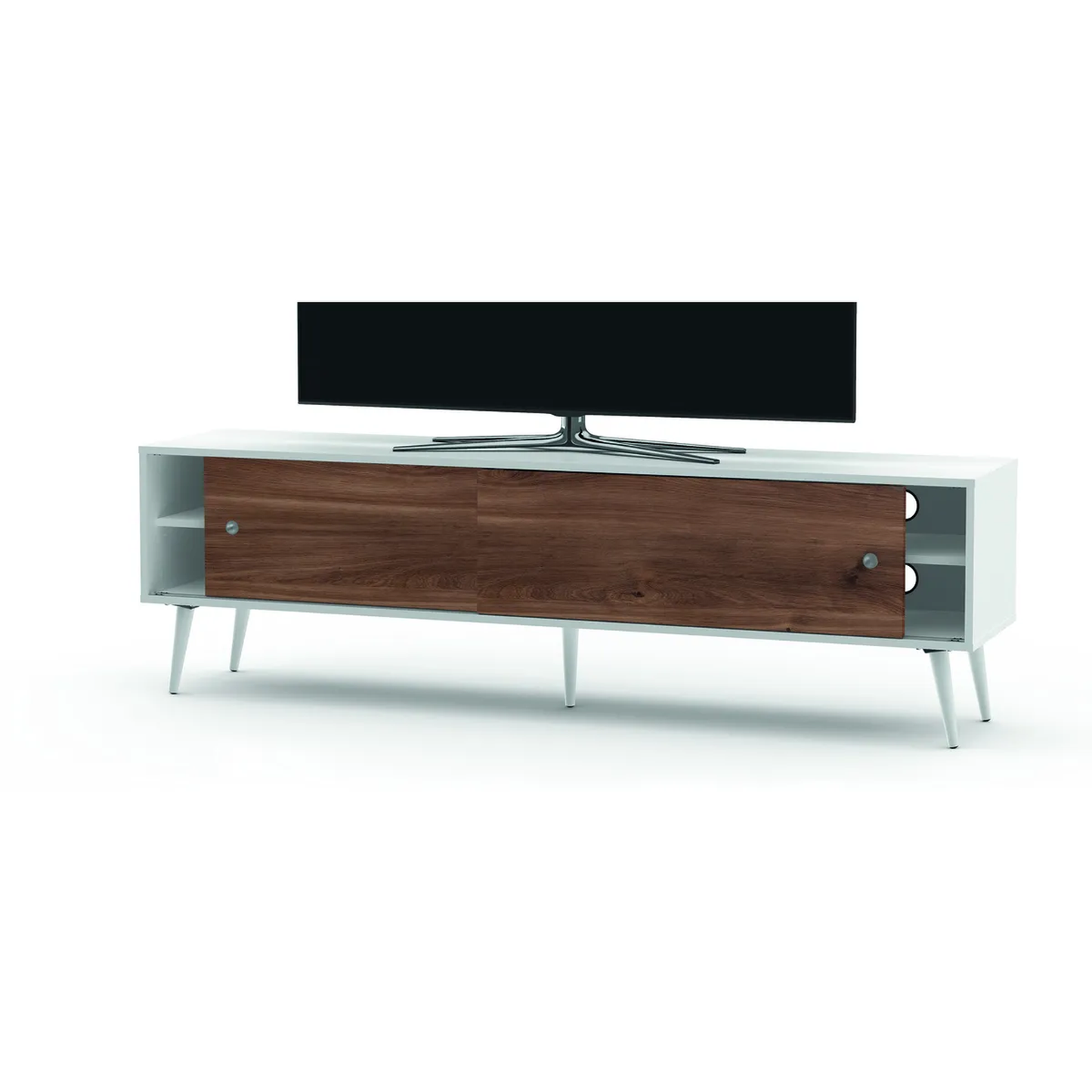 Sonorous Retro 180 Lowboard Weiss-Castello Walnuss Schrägansicht mit aufgestelltem Fernseher