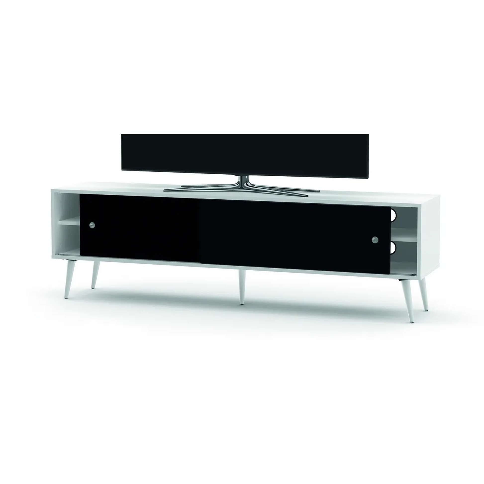 Sonorous Retro 180 Lowboard Weiss-Schwarzglanz Schrägansicht mit aufgestelltem Fernseher