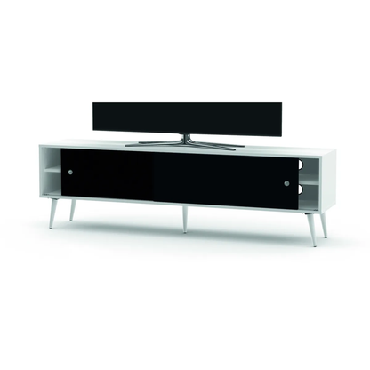 Sonorous Retro 180 Lowboard Weiss-Schwarzglanz Schrägansicht mit aufgestelltem Fernseher