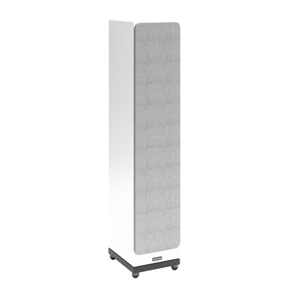 Sonox Q80 Standlautsprecher Schrägansicht in Weiss mit heller Stoffbespannung und Sockelfuss