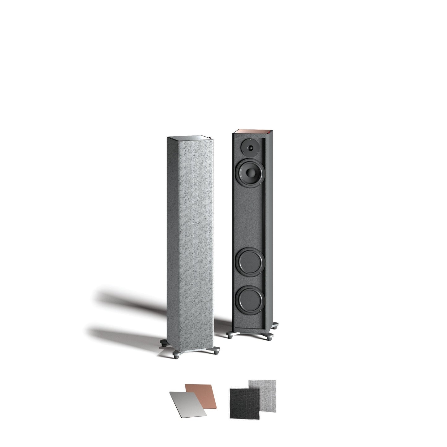 Sonox X100 Standlautsprecher in zwei Ausführungen mit den beiliegenden Aluminium-Deckplatten