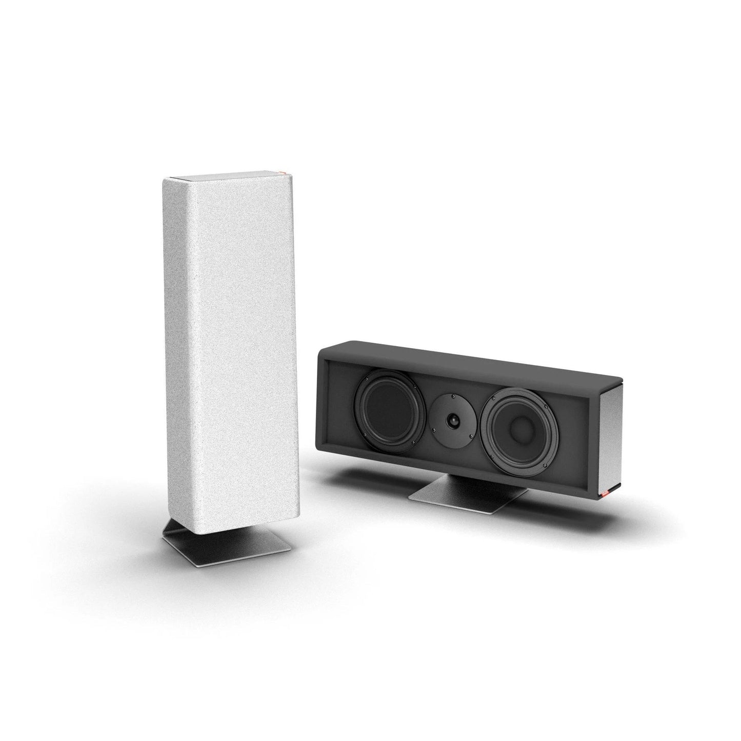 Sonox X55 Universal-Lautsprecher stehend mit Bespannung und liegend mit sichtbaren Chassis
