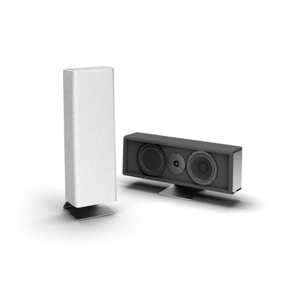 Sonox X55 Universal-Lautsprecher stehend mit Bespannung und liegend mit sichtbaren Chassis