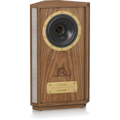 Tannoy Autograph Mini Regallautsprecher Schrägansicht von rechts ohne Frontbespannung, Nussbaum-Gehäuse