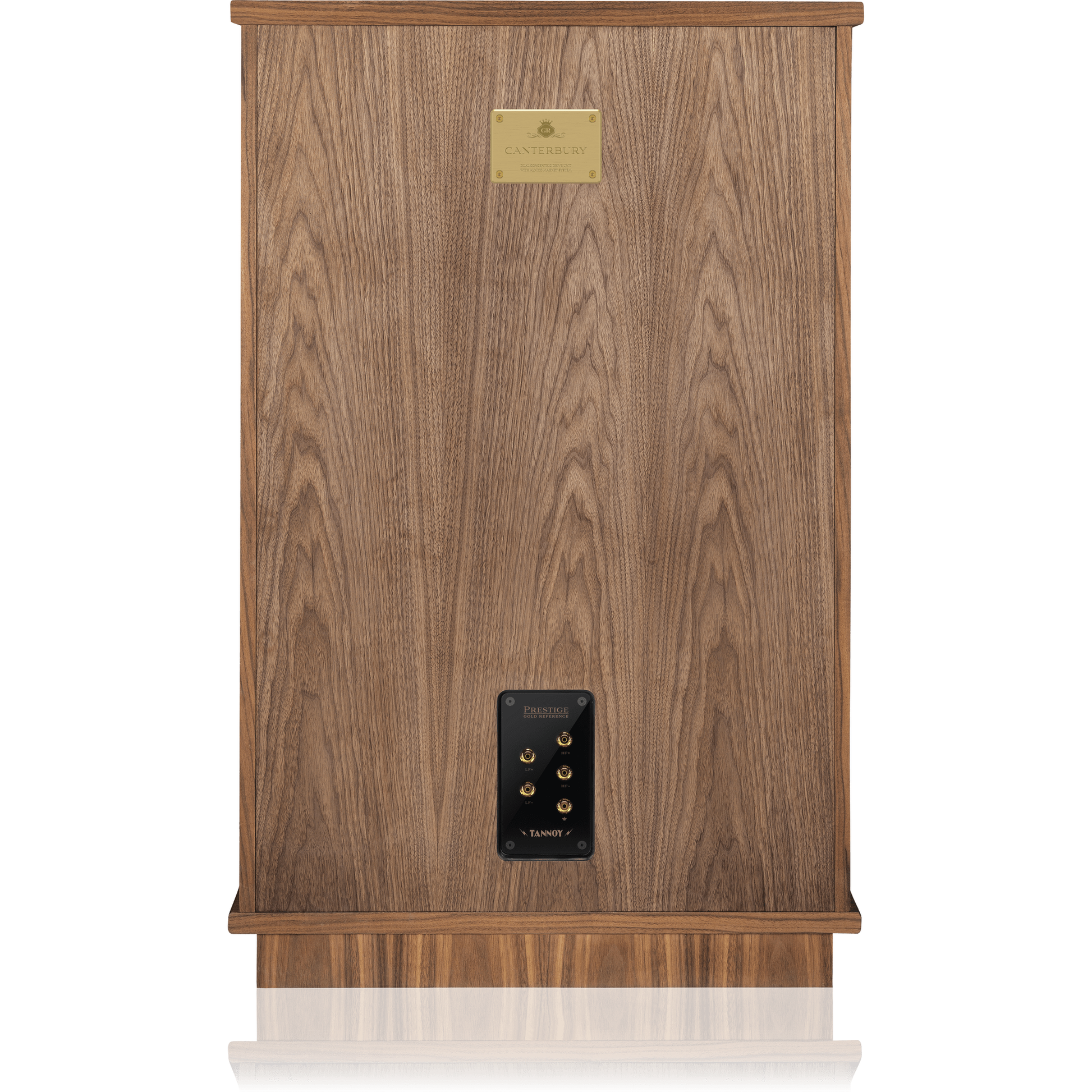 Tannoy Canterbury GR Standlautsprecher Rückansicht mit Anschlussterminal und Typenschild aus Messing