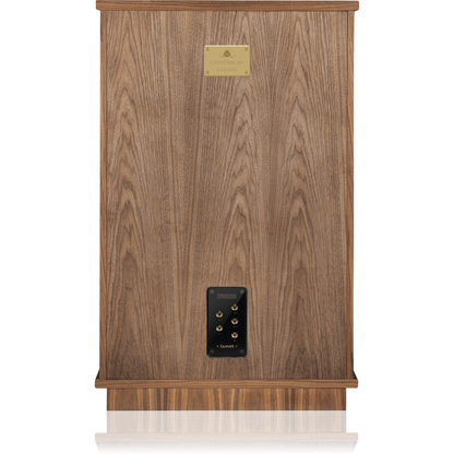 Tannoy Canterbury GR Standlautsprecher Rückansicht mit Anschlussterminal und Typenschild aus Messing