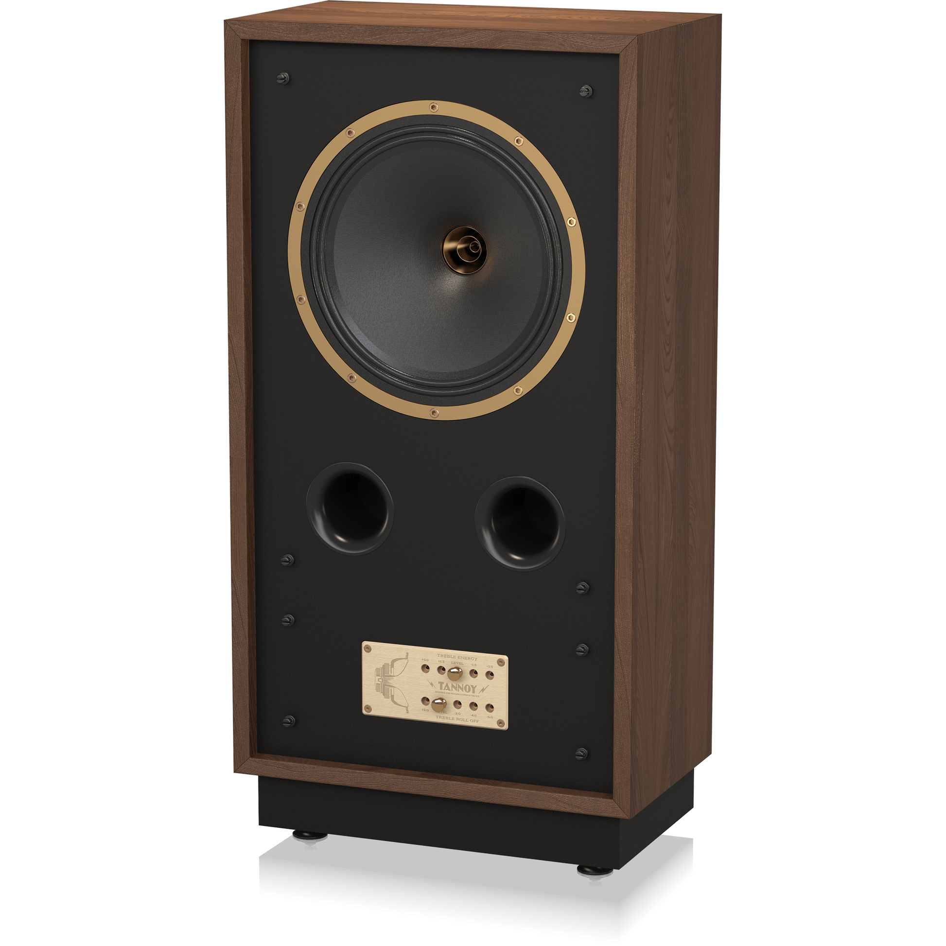 Tannoy Cheviot Legacy Standlautsprecher Schrägansicht von rechts ohne Frontbespannung mit Bedienfeld an der Schallwand