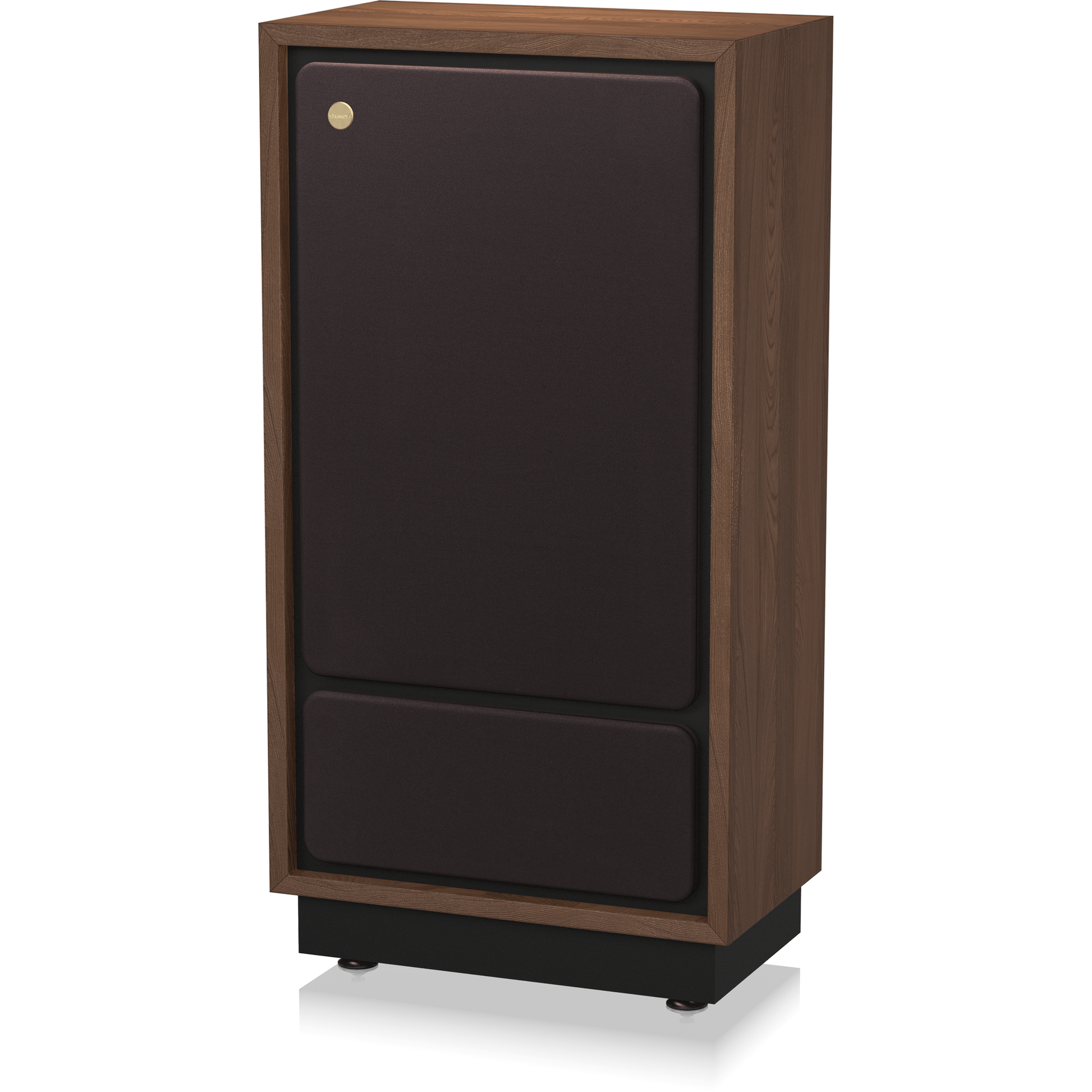 Tannoy Cheviot Legacy Standlautsprecher Schrägansicht von rechts mit montierter Frontbespannung, Nussbaum-Furnier