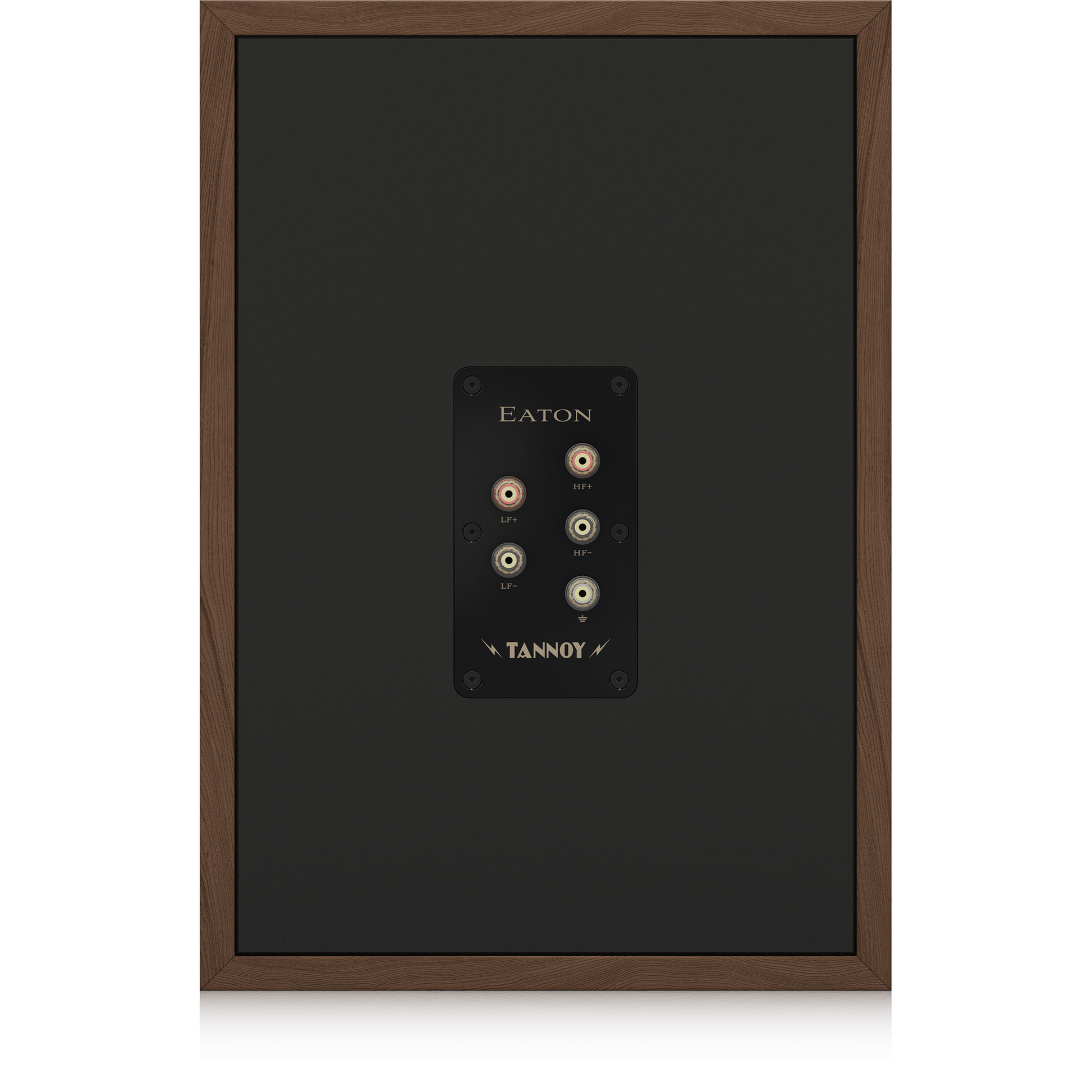 Tannoy Eaton Legacy Regallautsprecher Rückansicht mit Anschlussfeld, Bi-Wiring-Terminals und Erdungsklemme