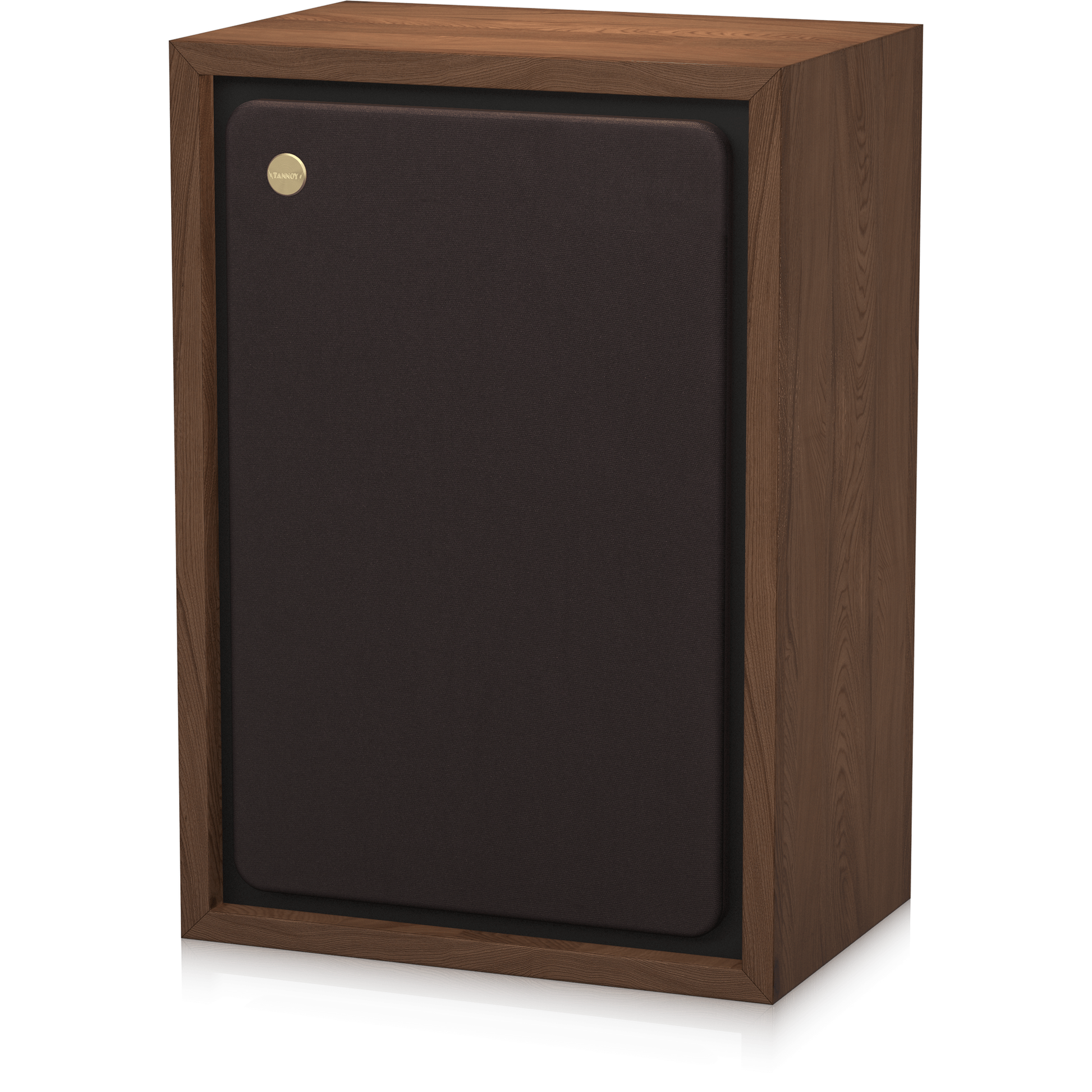 Tannoy Eaton Legacy Regallautsprecher Schrägansicht von rechts mit montierter Frontbespannung, Nussbaum-Furnier