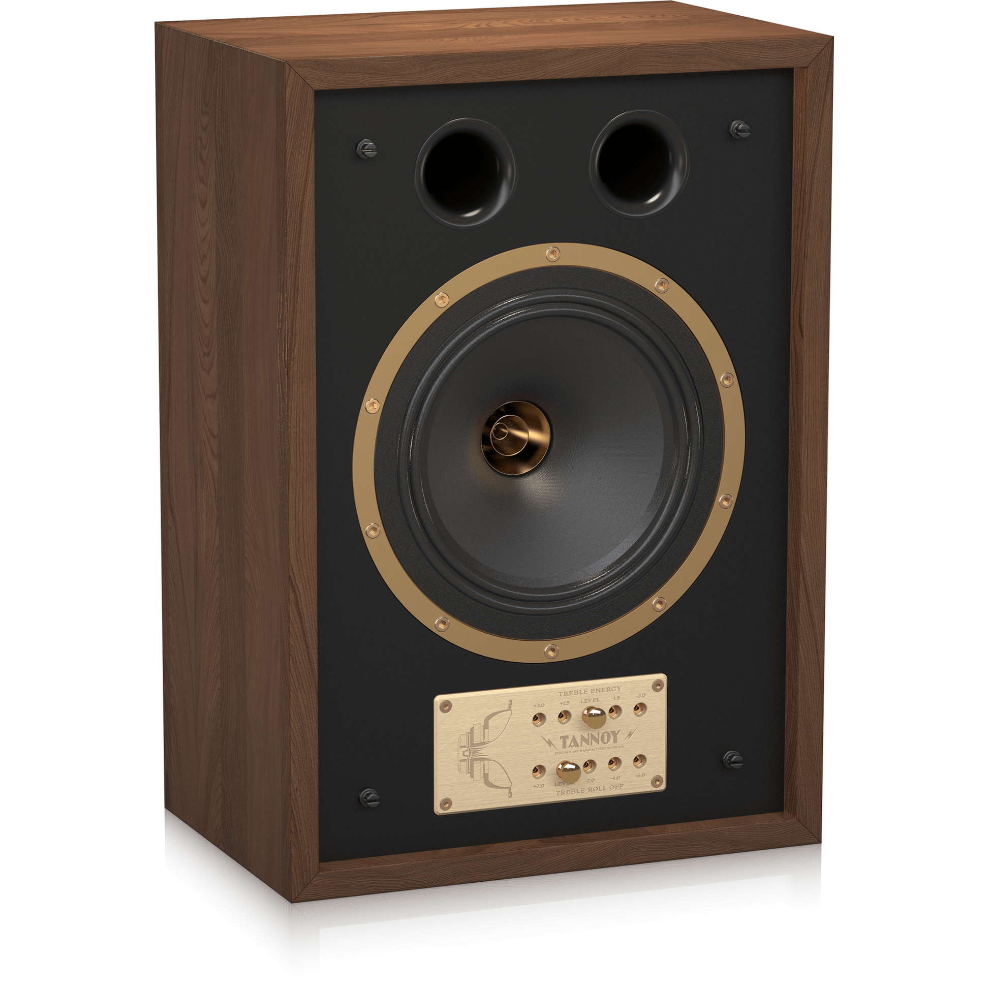 Tannoy Eaton Legacy Regallautsprecher Schrägansicht von links ohne Frontbespannung, Nussbaum-Gehäuse