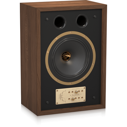Tannoy Eaton Legacy Regallautsprecher Schrägansicht von links ohne Frontbespannung, Nussbaum-Gehäuse