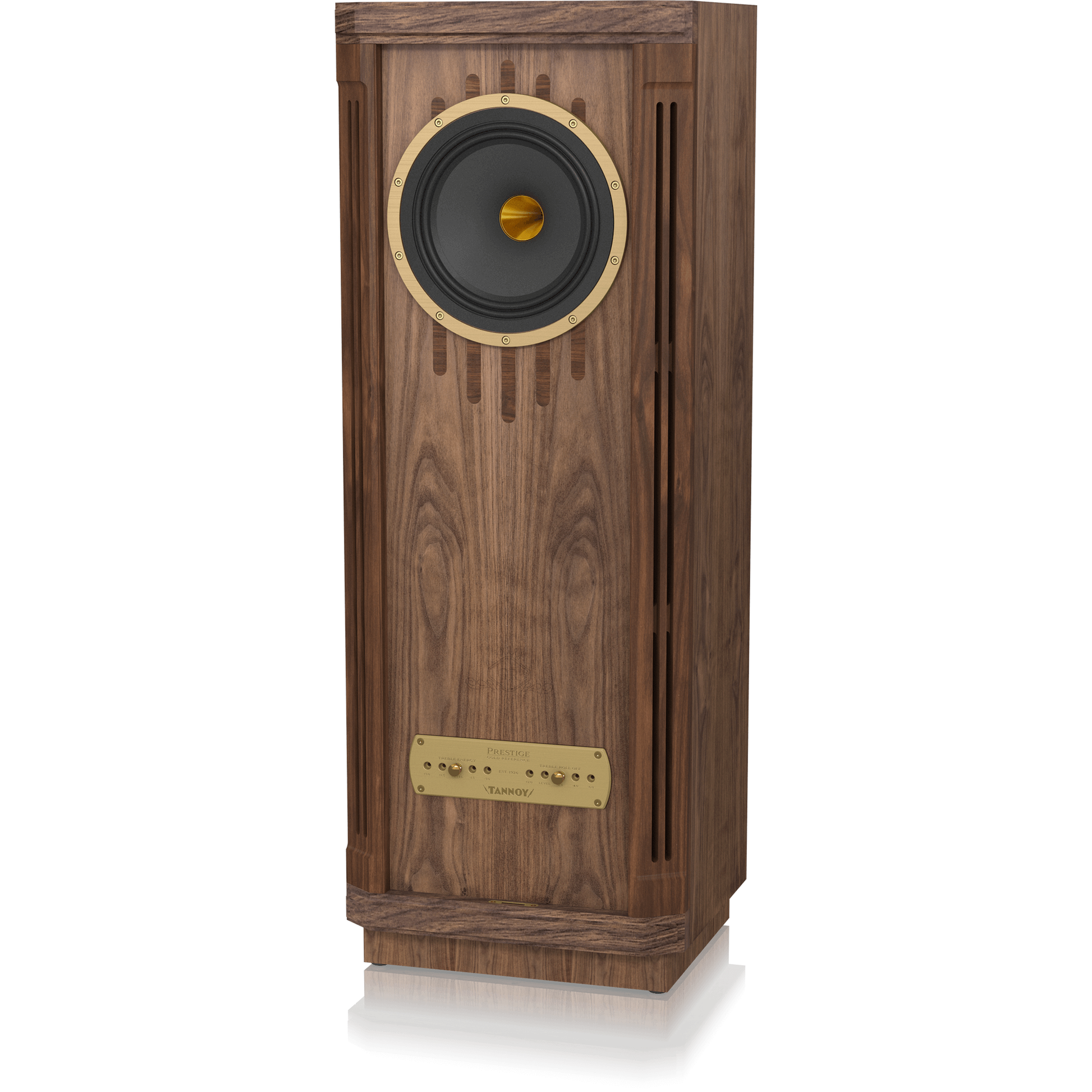 Tannoy Kensington GR Standlautsprecher Schrägansicht von rechts ohne Frontbespannung, Nussbaumgehäuse