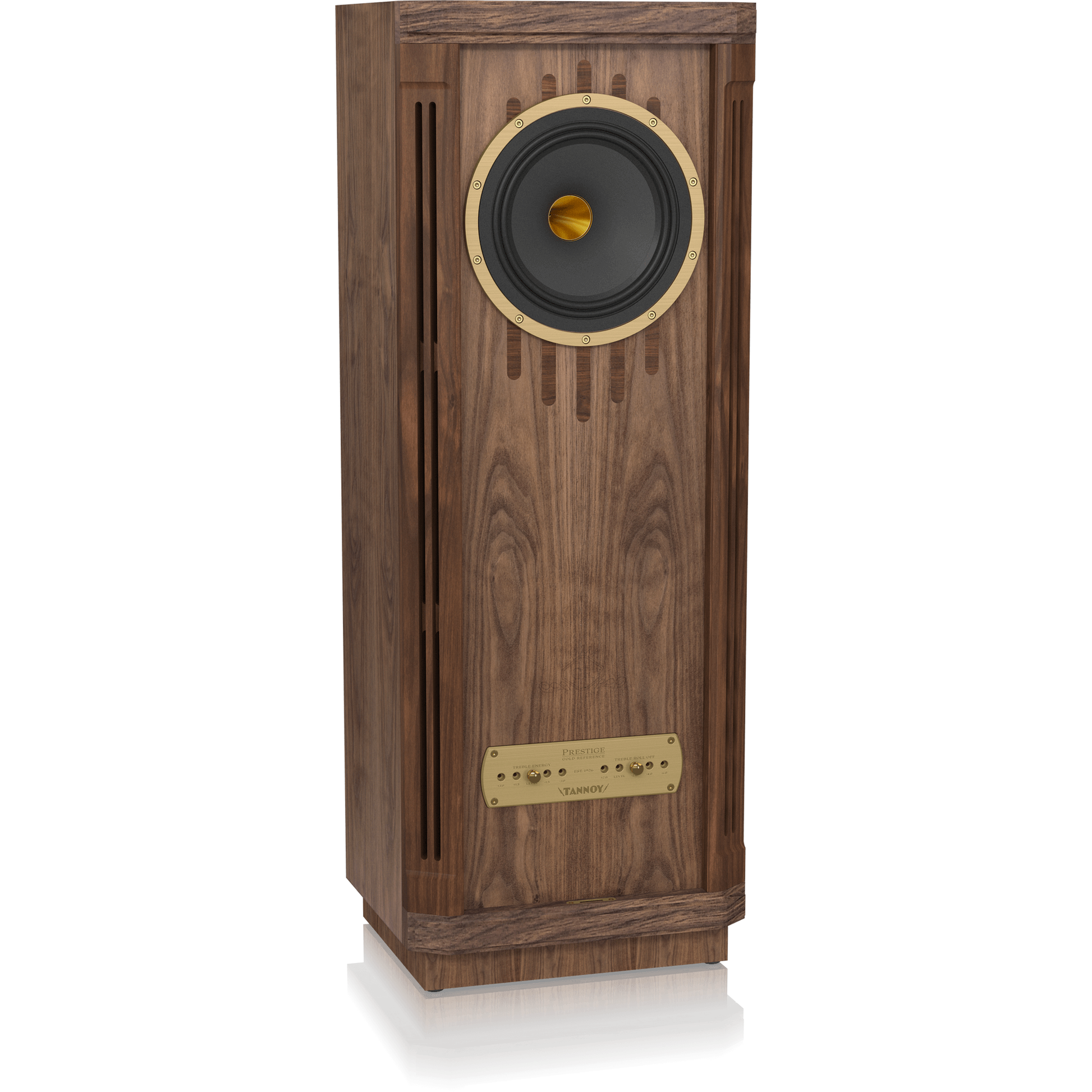 Tannoy Kensington GR Standlautsprecher Schrägansicht von links ohne Frontbespannung, Nussbaumgehäuse